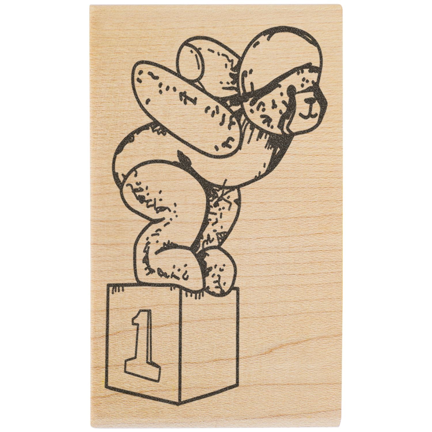 Cute cartoon dog stamp on a wooden block with number 1, black line art illustration