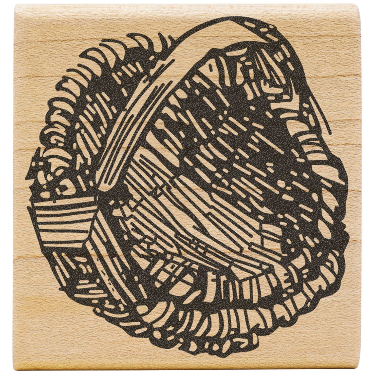 Abstract black geometric line art printed on a light wooden tile, modern decorative wooden stamp design.