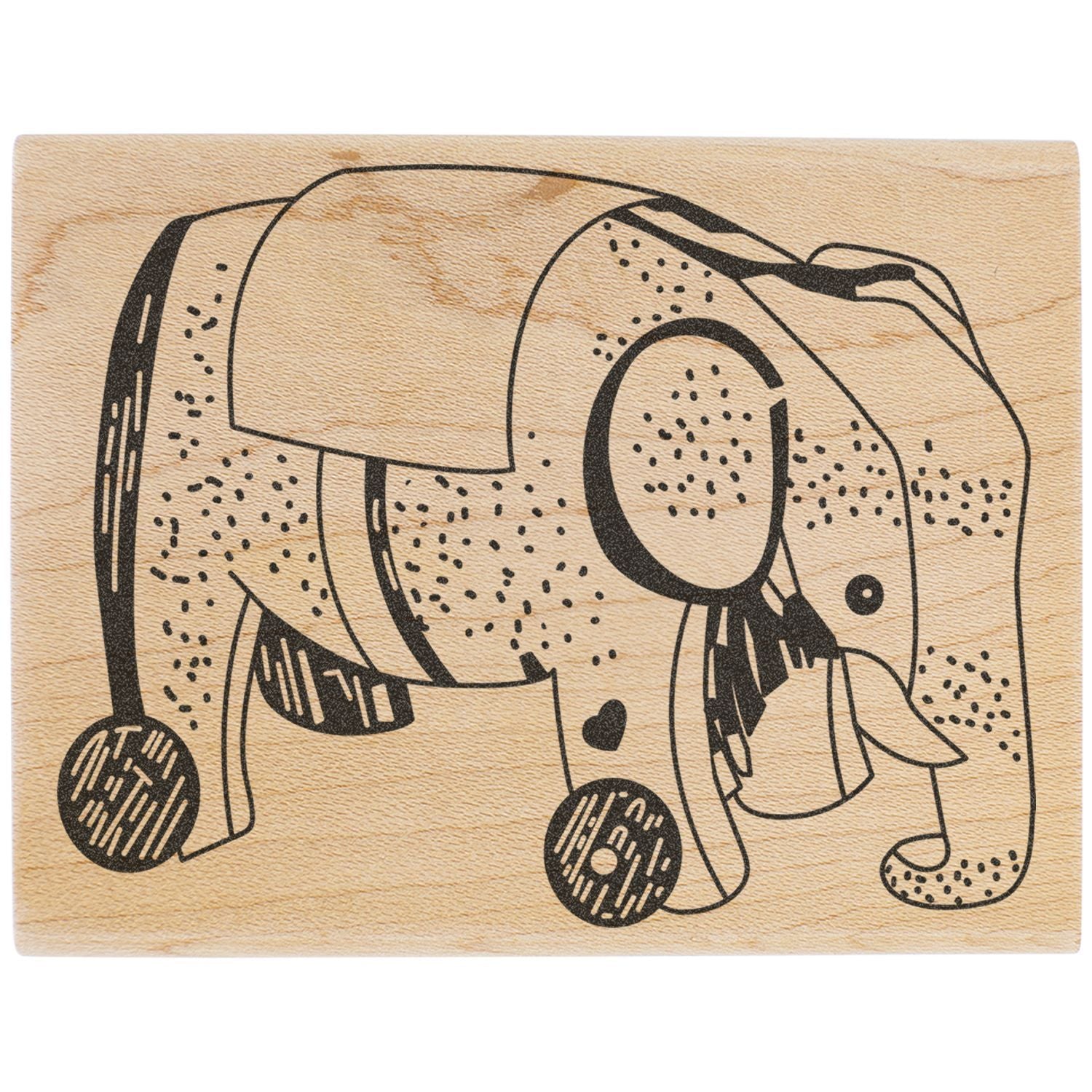 Wooden elephant illustration stamp with black line art on natural wood background.