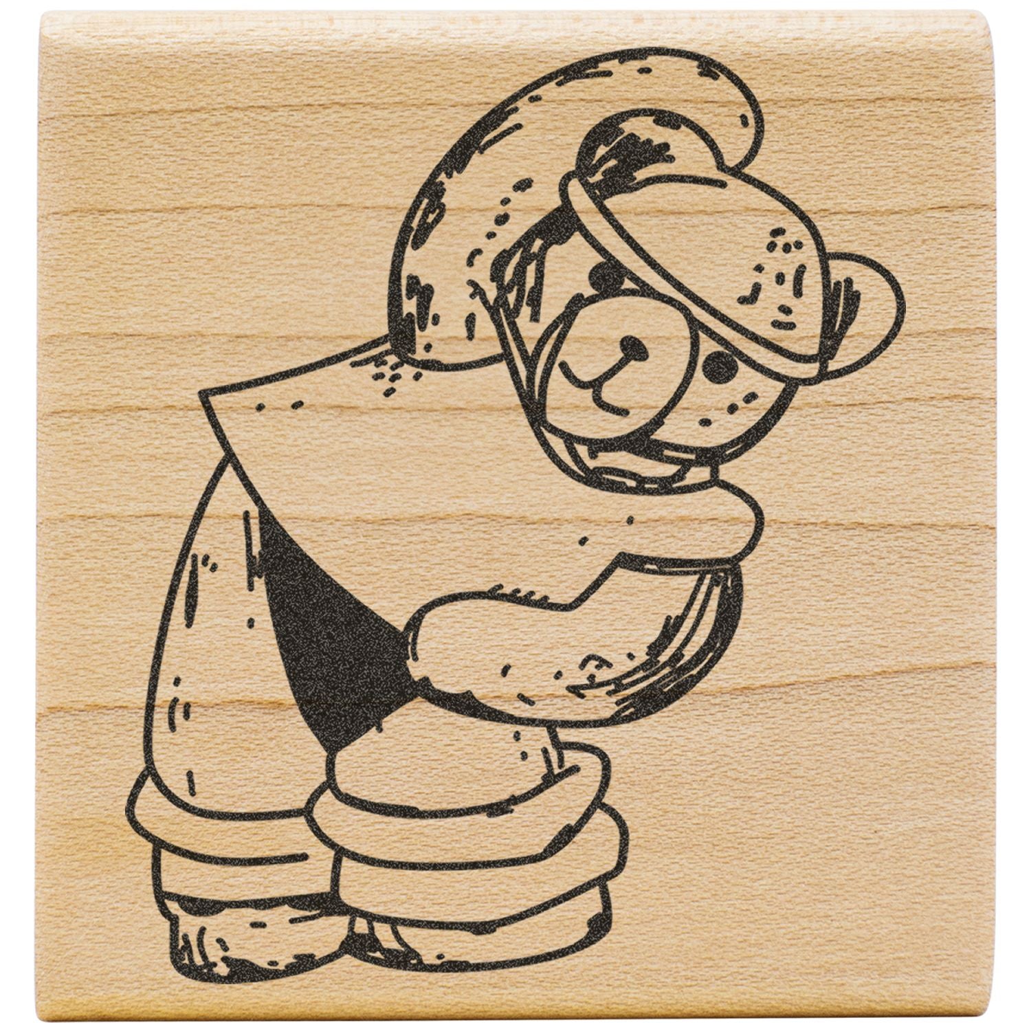 Cute teddy bear illustration on a wooden background, black line art cartoon bear design on wood grain surface.