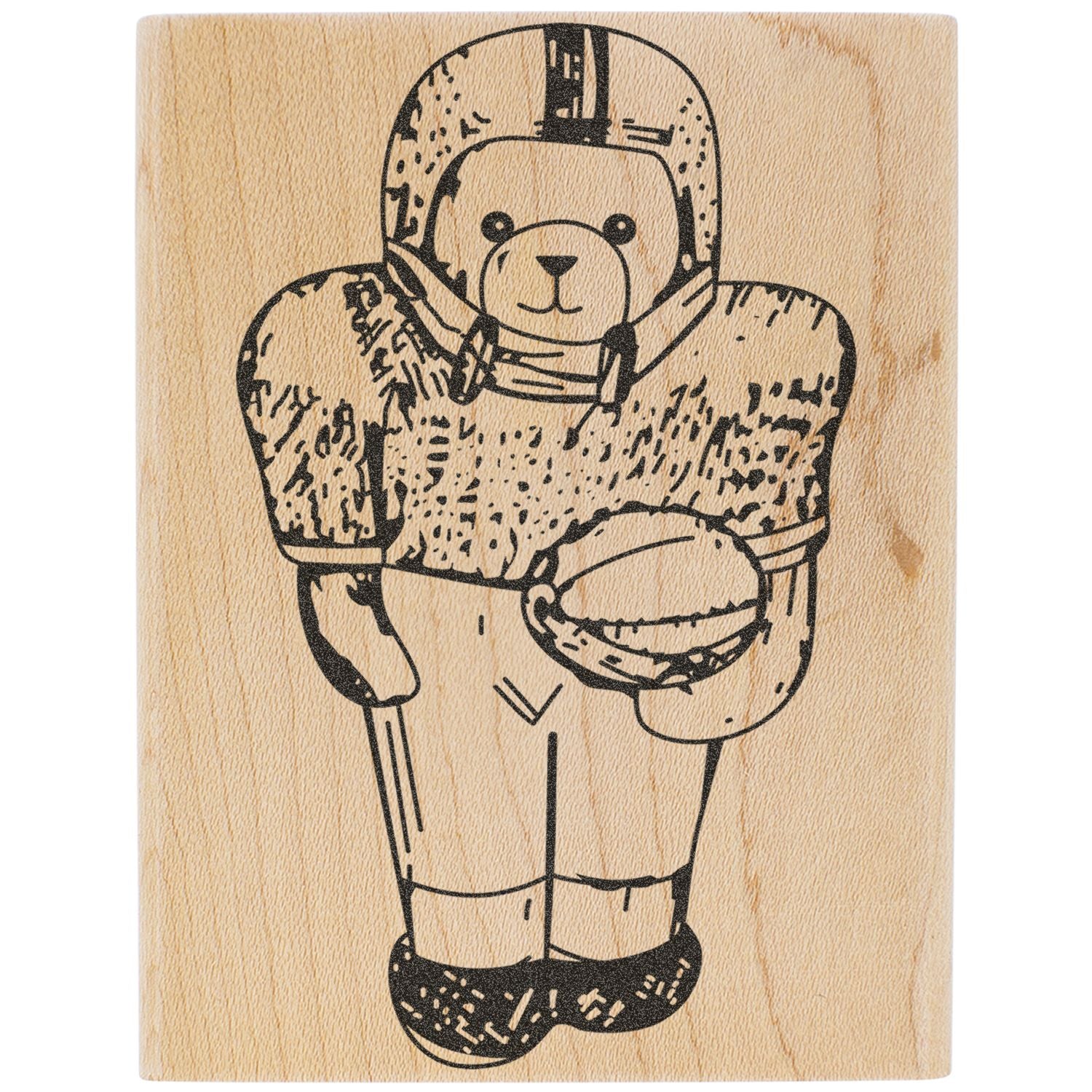 Cute teddy bear astronaut illustration on a wooden stamp block with a rustic wood grain background.