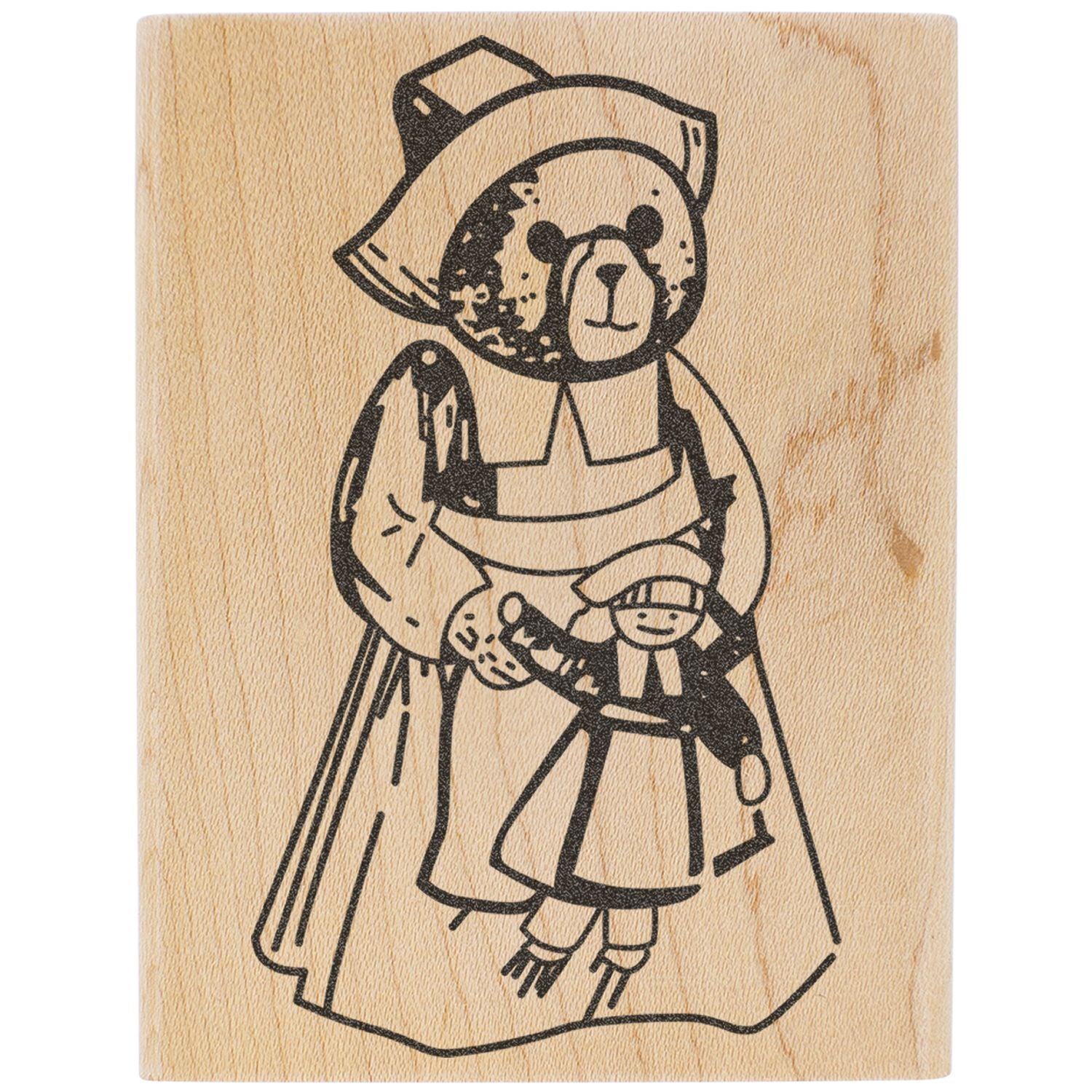 Black bear and child illustration on wood grain background, hand-drawn decorative print art.