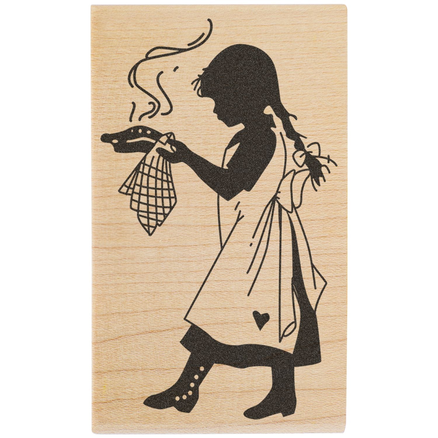 Black silhouette of a little girl on natural wood, holding a small animal-shaped object, vintage folk art print.