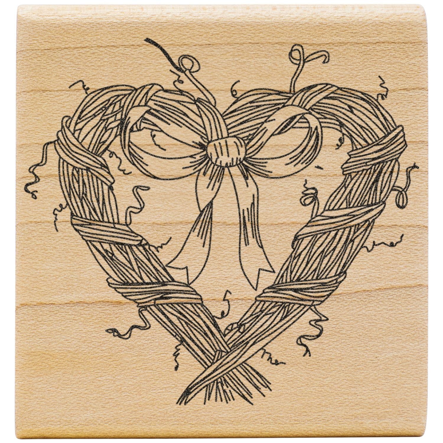 Heart-shaped yarn bow design on wood background, rustic handmade craft illustration.