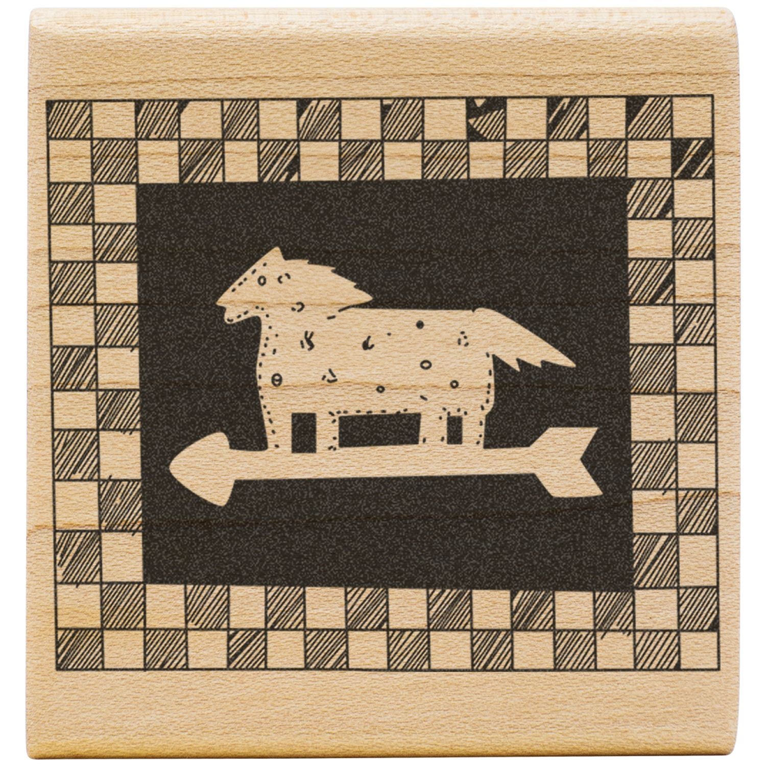 Wooden horse puzzle art with a black checkered border and rustic engraved design on a natural wood background.