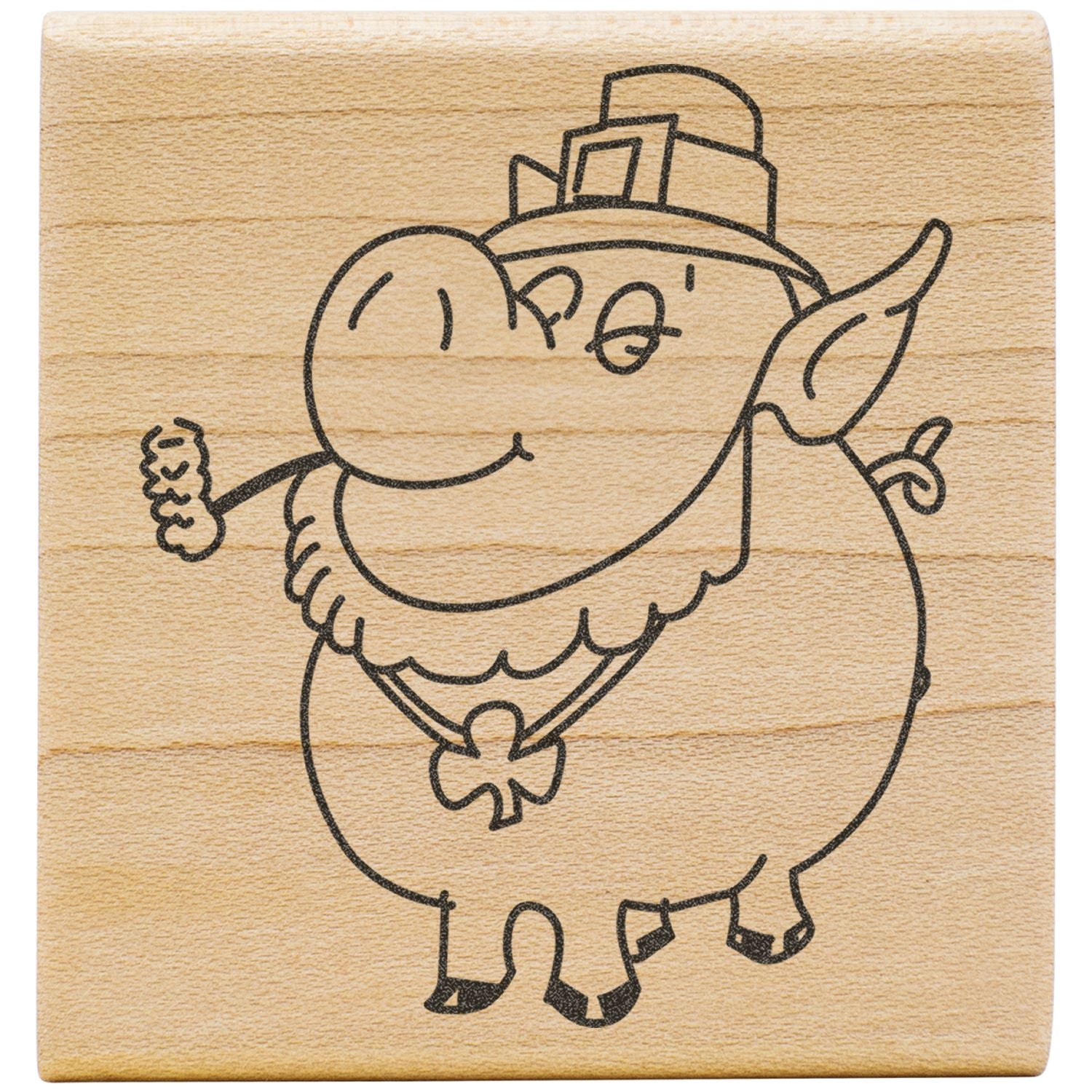 Wooden stamp of a smiling leprechaun cartoon with hat, beard, and shamrock necklace, St. Patricks Day design.