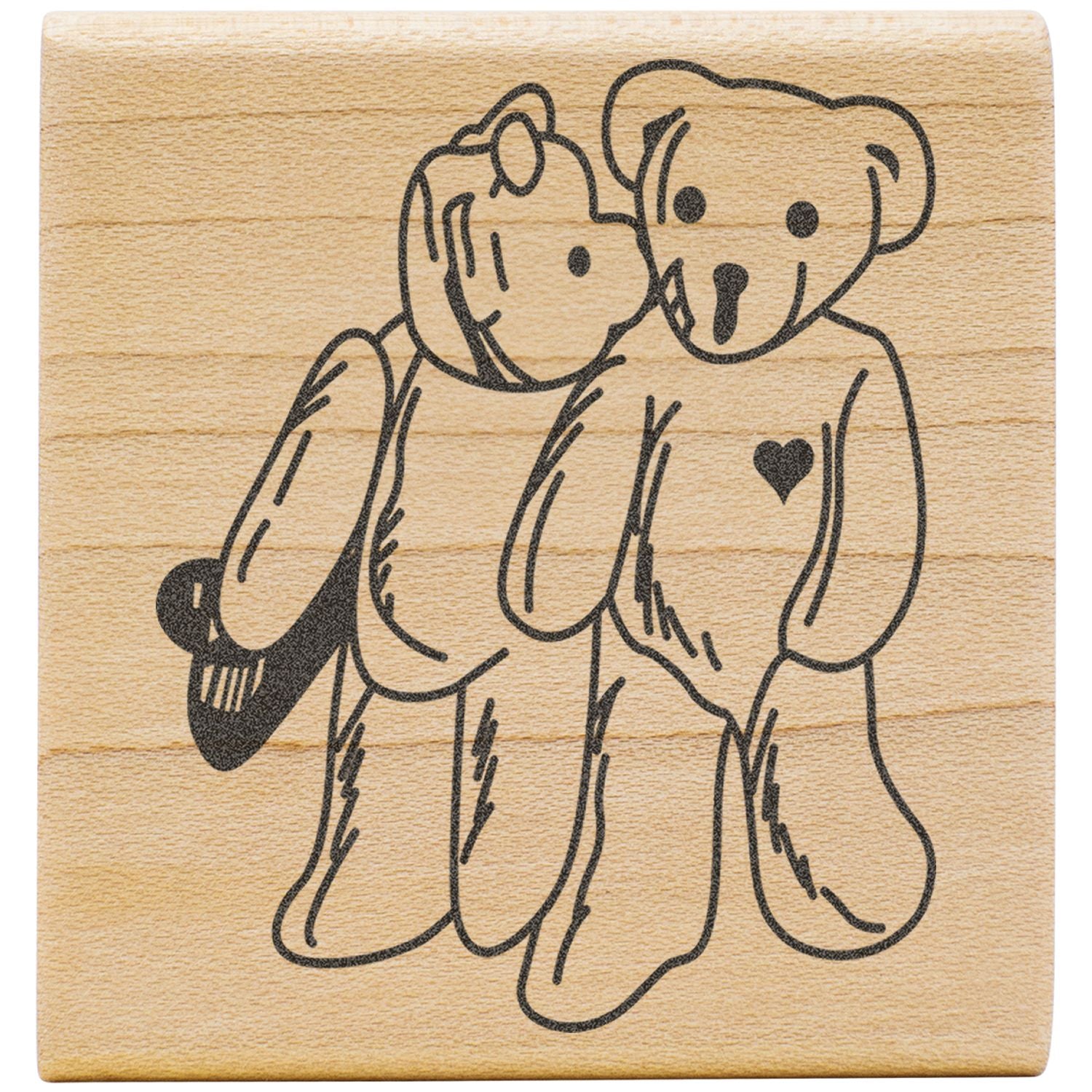Cute teddy bears hugging on a wooden background, romantic animal illustration with heart detail