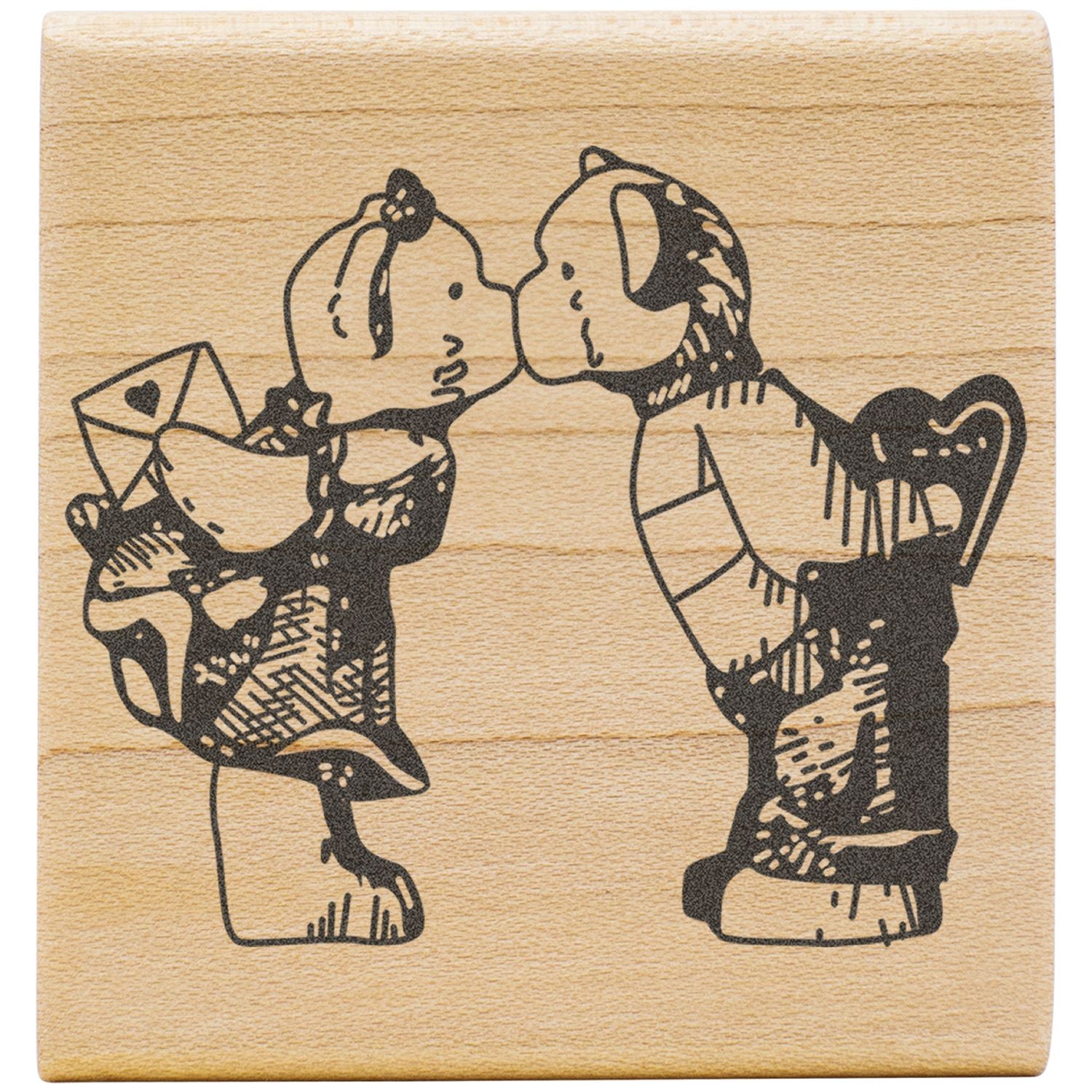 Wooden rubber stamp with cute bear couple kissing and holding a love letter.