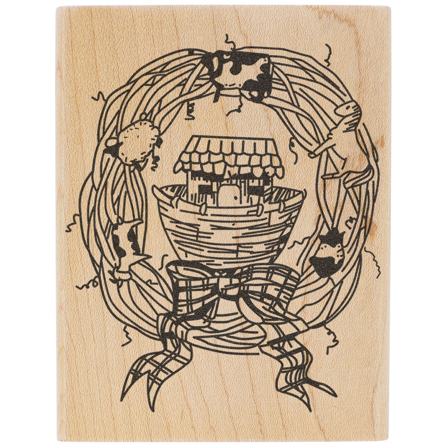 Whimsical black line art of a woven basket and tiny house with hanging creatures on a wood grain background.