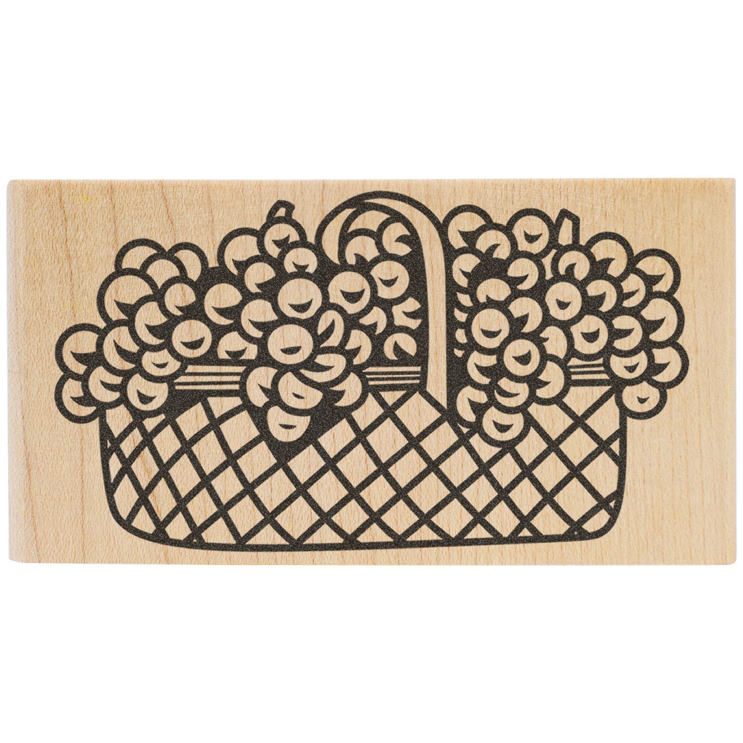 Wooden rubber stamp of a woven basket overflowing with grapes.