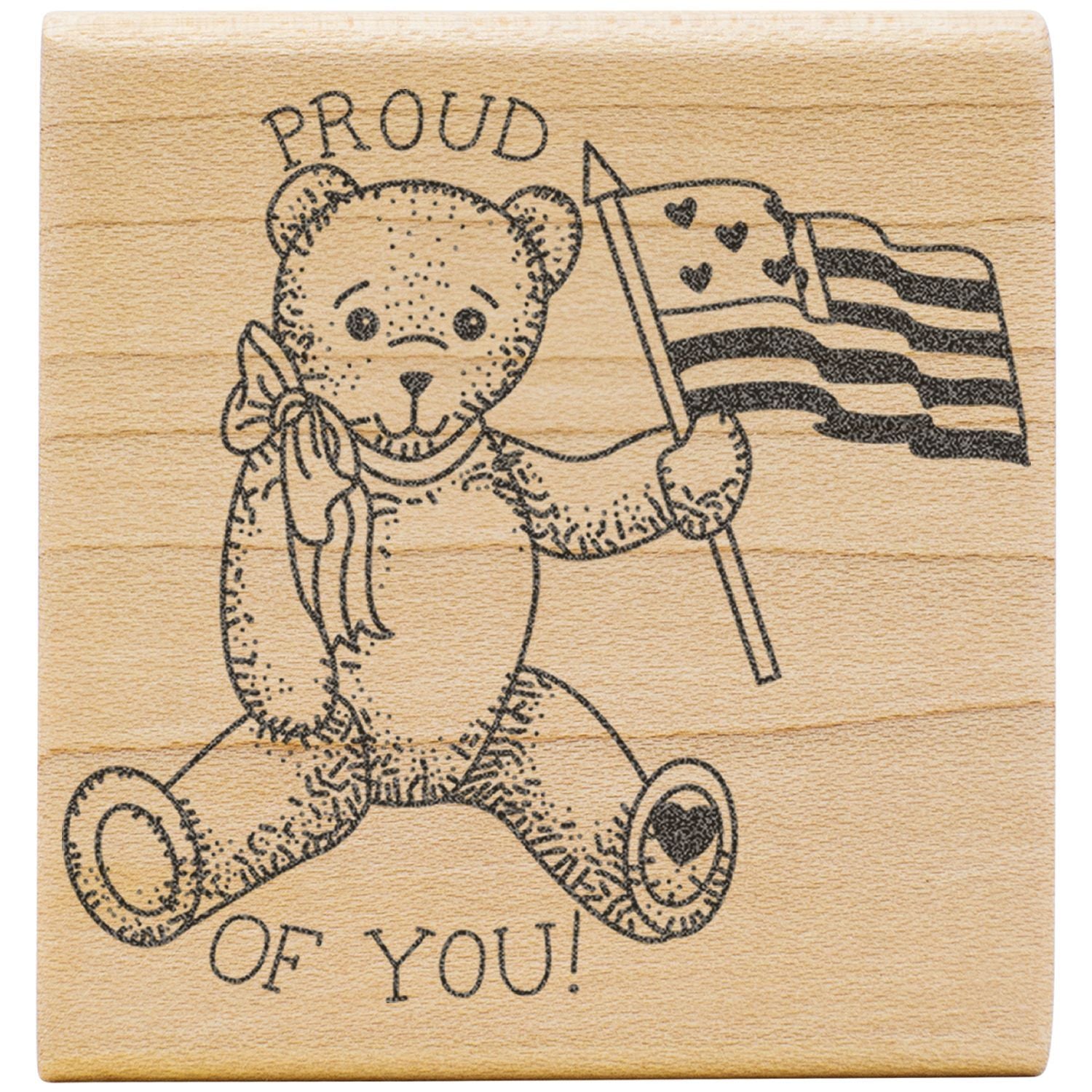 Wooden stamp of teddy bear holding pride flag with Proud of You! text, LGBTQ+ support design