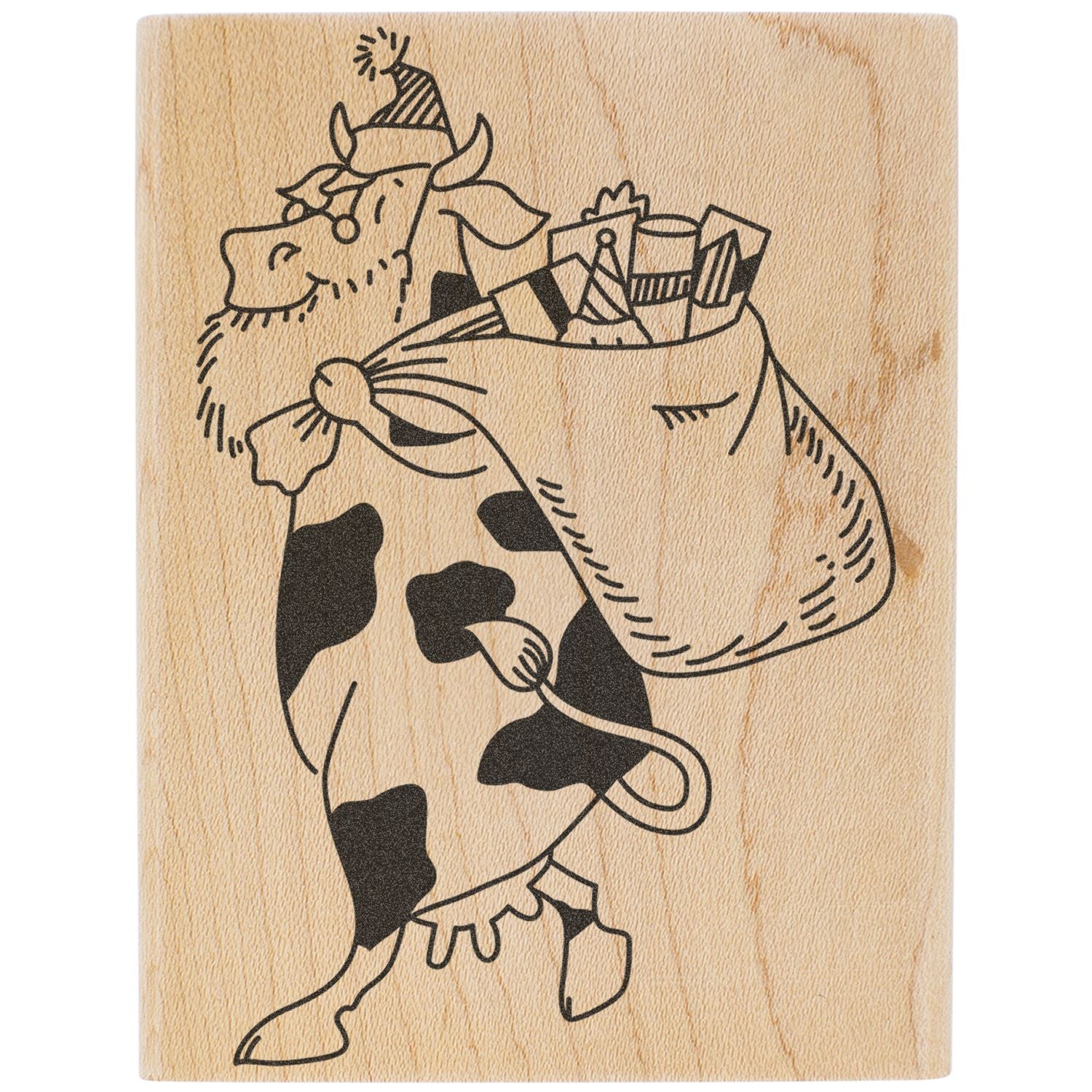 Hand-drawn Christmas cow illustration carrying a sack of holiday gifts on a wooden background.