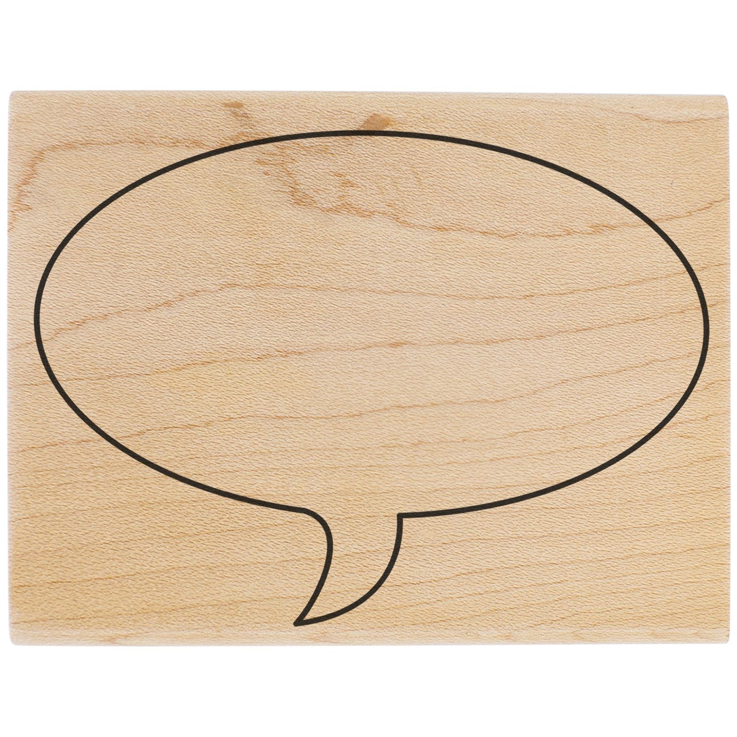 Wooden speech bubble icon on a light wood grain background, blank communication symbol design