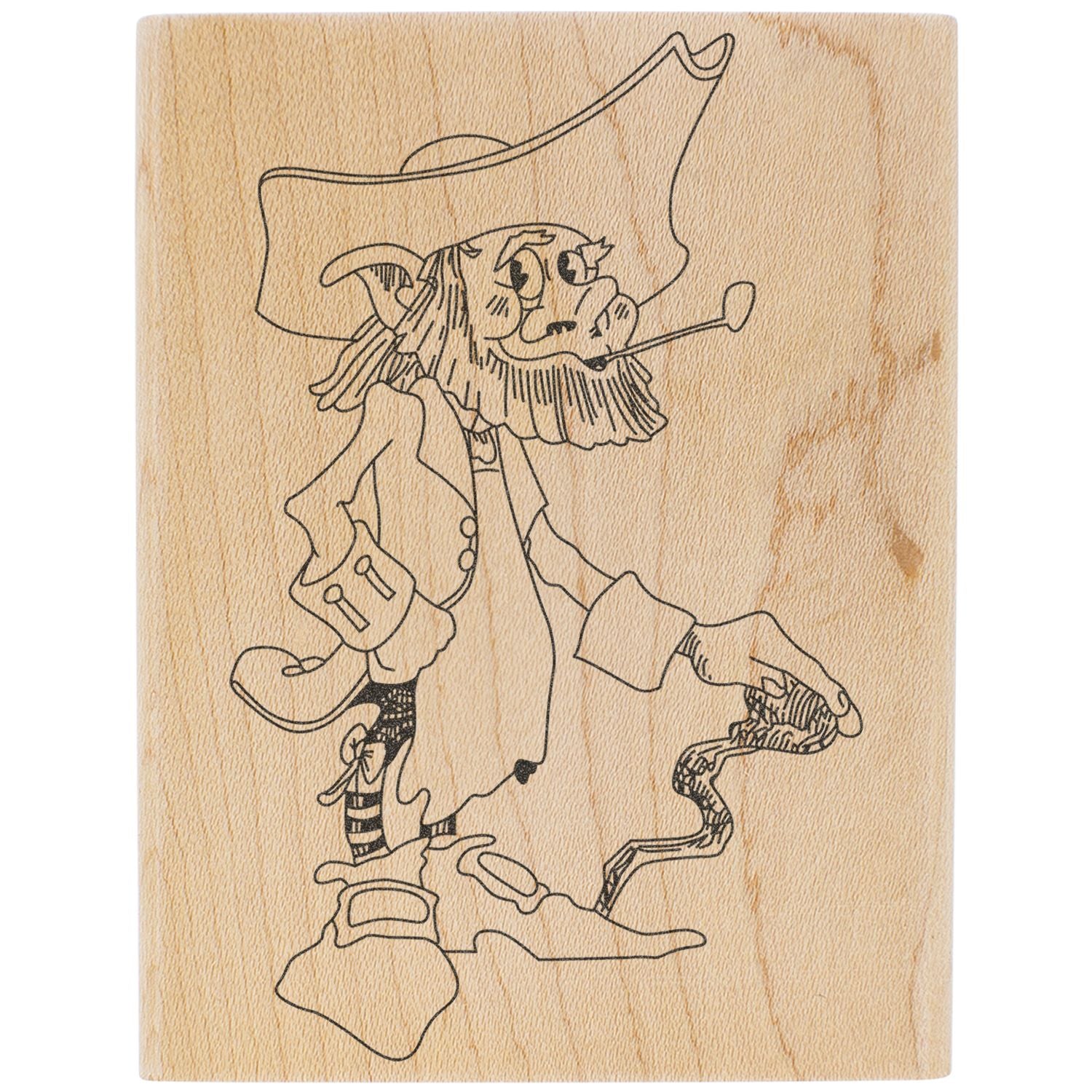 Hand-drawn pirate character illustration on a natural wood background.