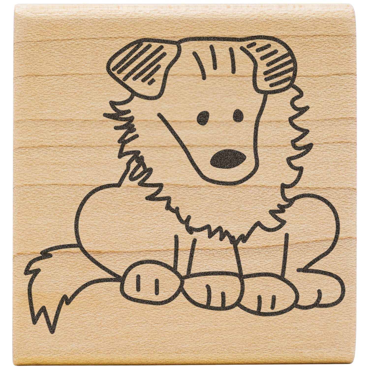 Cute dog illustration on a wooden stamp, simple black line art pet design.