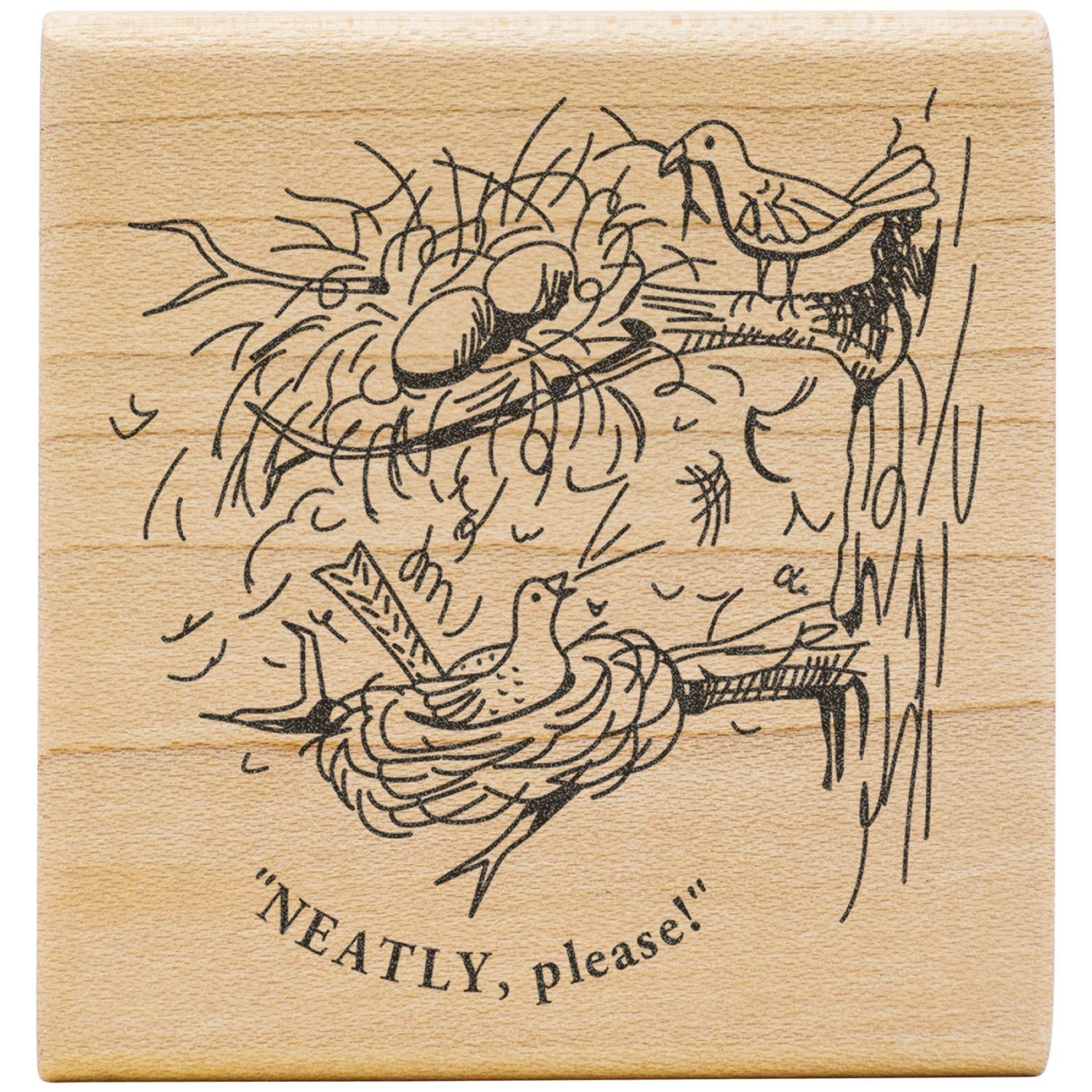 Wooden cutting board with engraved birds nesting illustration and NEATLY, please! text