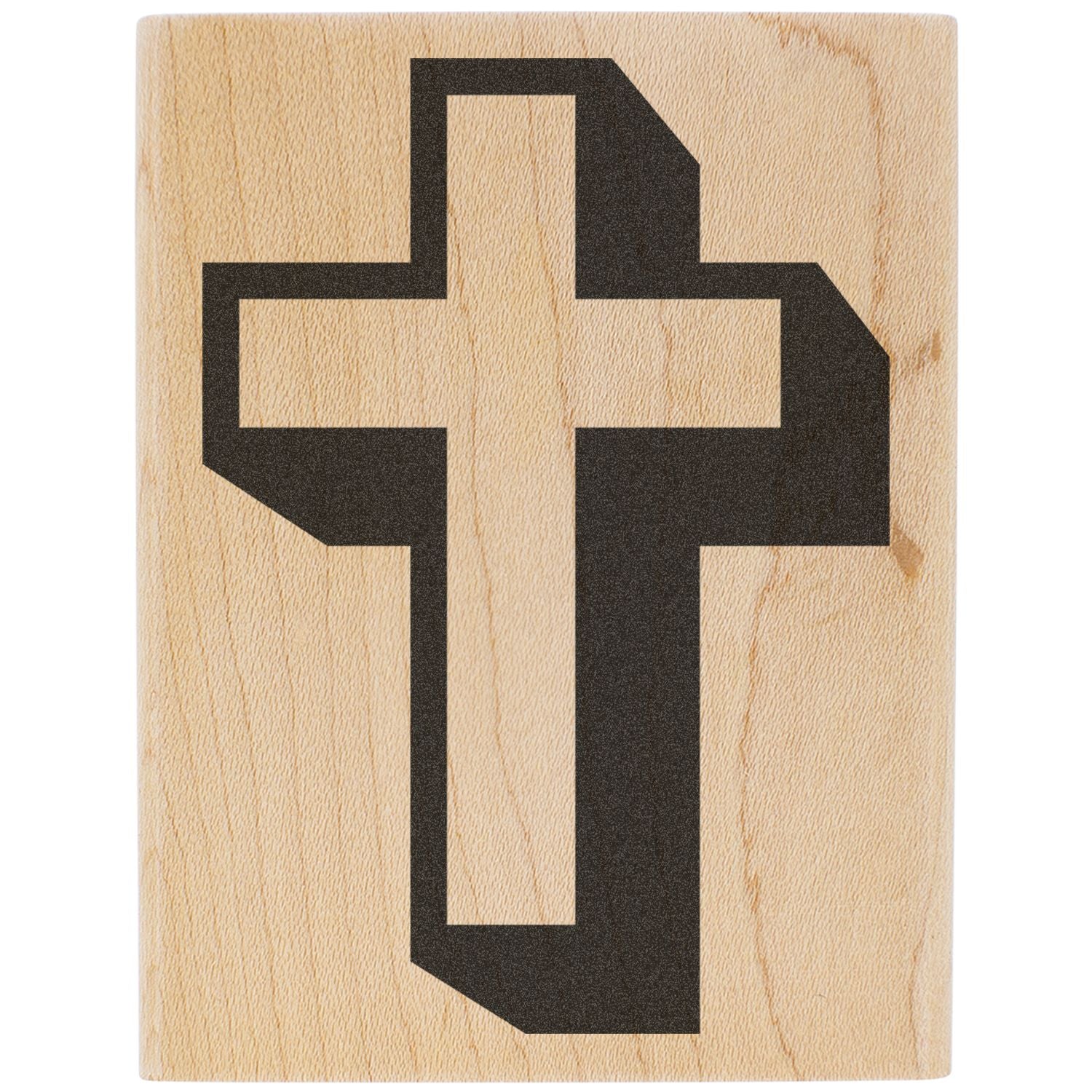 Black Christian cross symbol on a light wooden background, minimalist religious icon art.