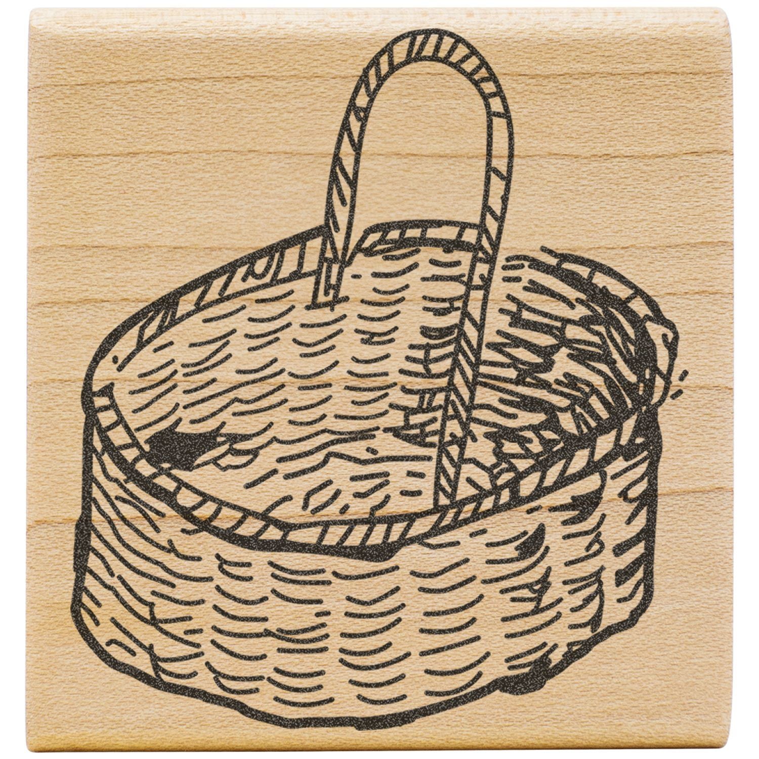 Hand-drawn wicker basket illustration on a wooden block background, rustic vintage style