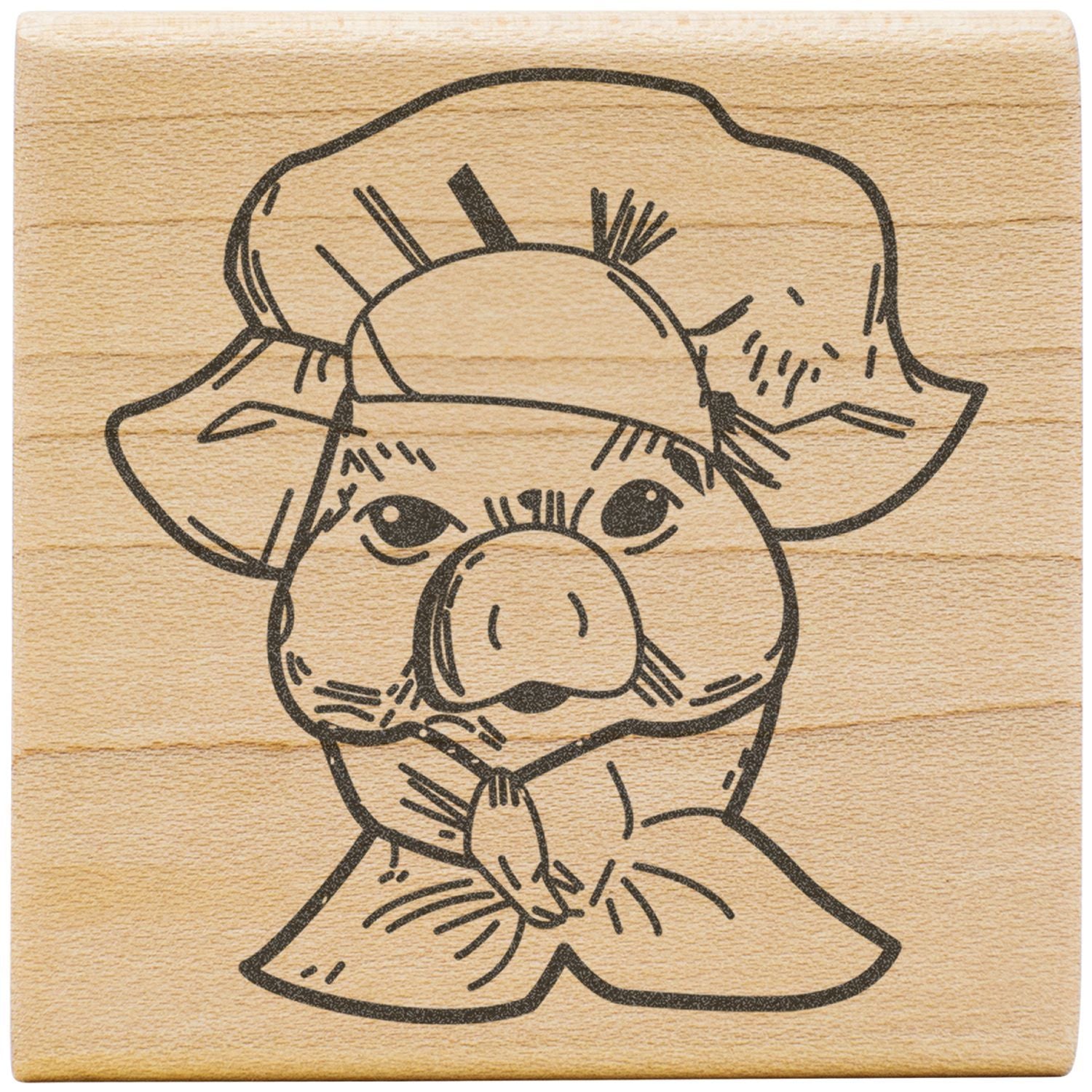 Wooden engraved pig face illustration wearing a hat, cute rustic animal design on natural wood background.
