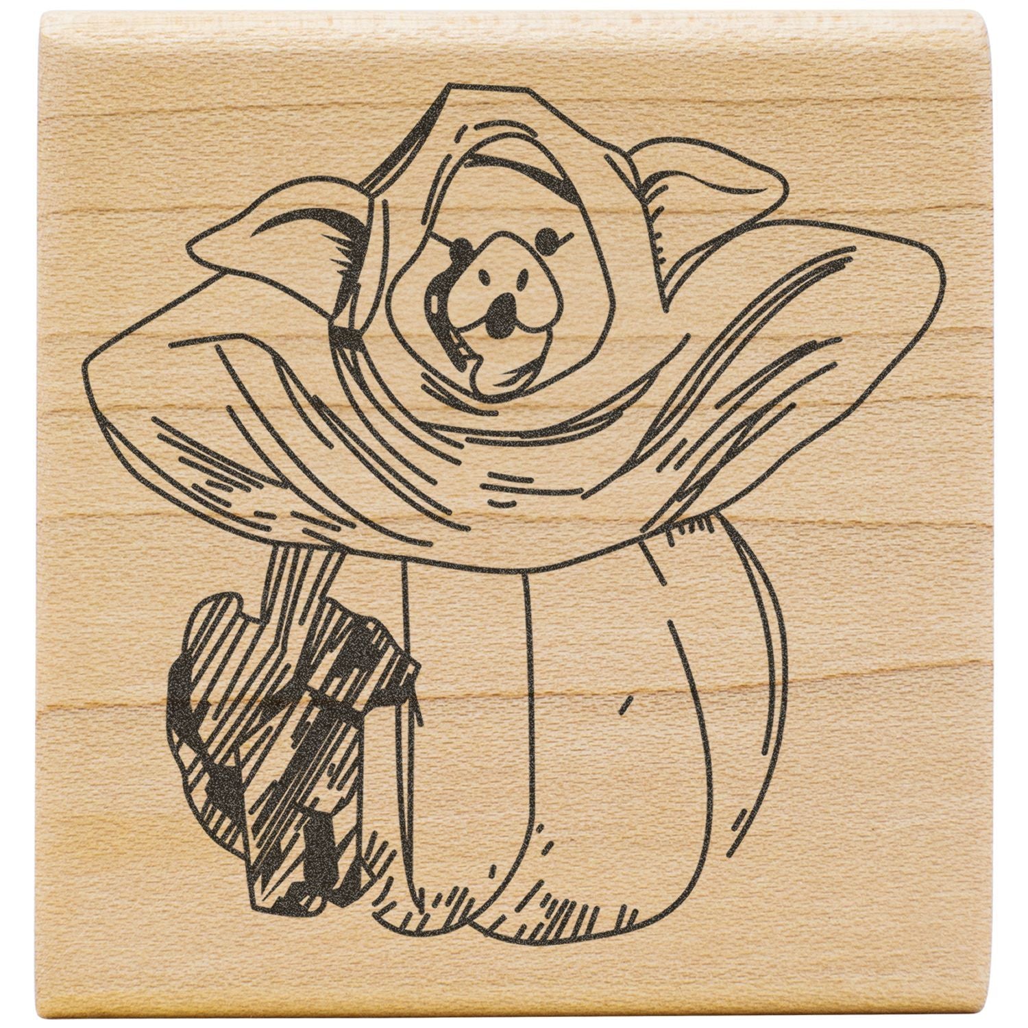 Cute bear in flower costume line art engraved on wooden background