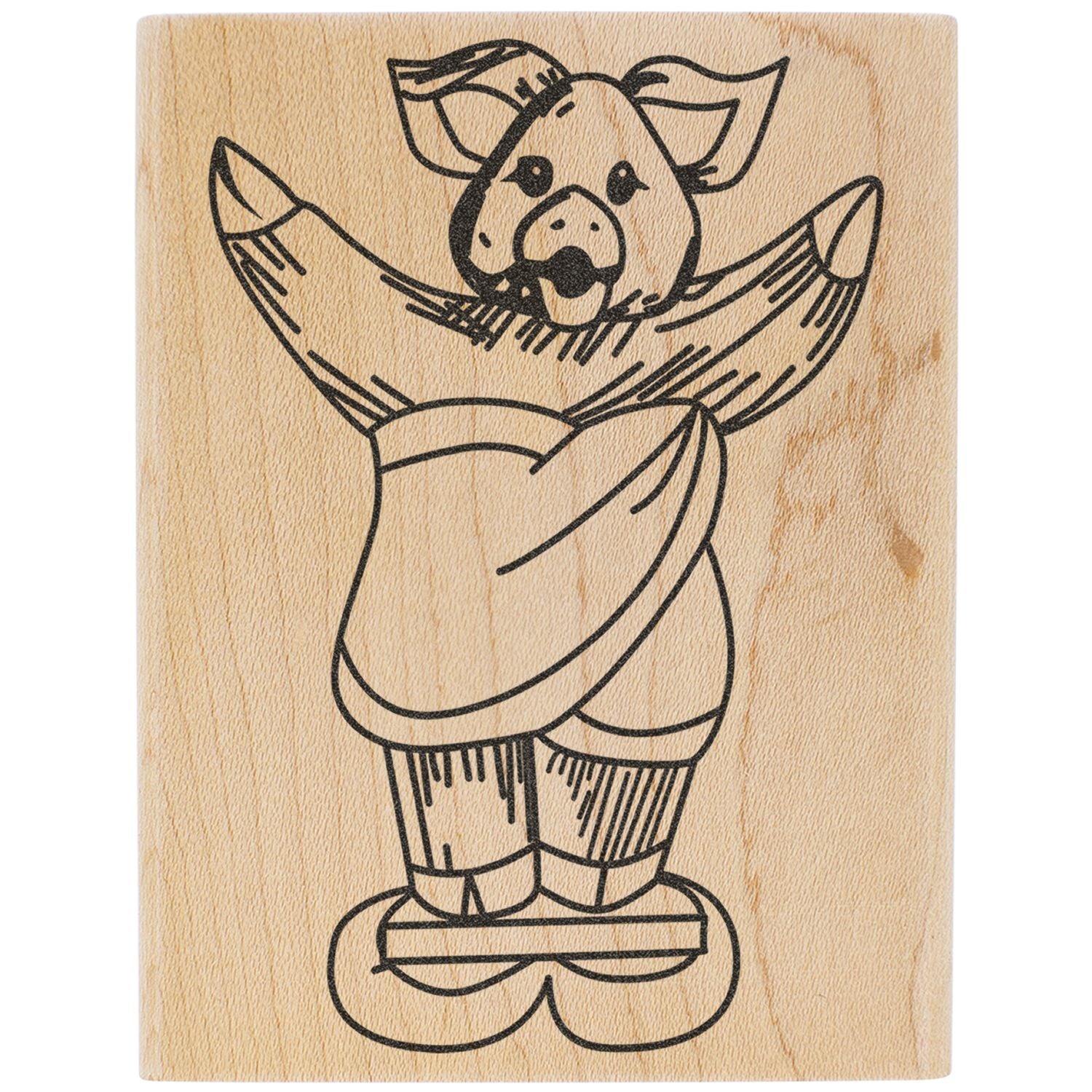 Cute pig illustration on a carved wooden stamp with black line art on a natural wood background.