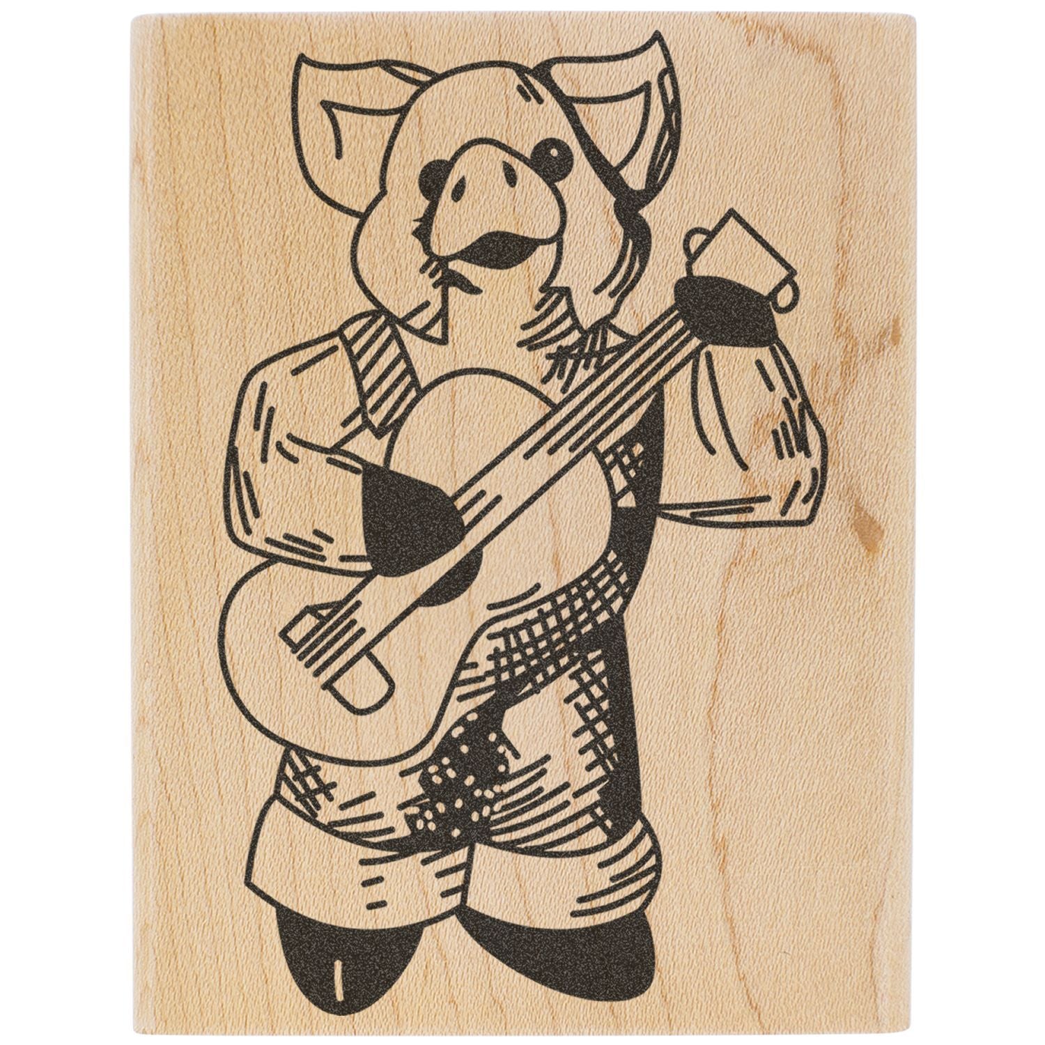 Wooden pig illustration playing acoustic guitar, black line art on natural wood background.