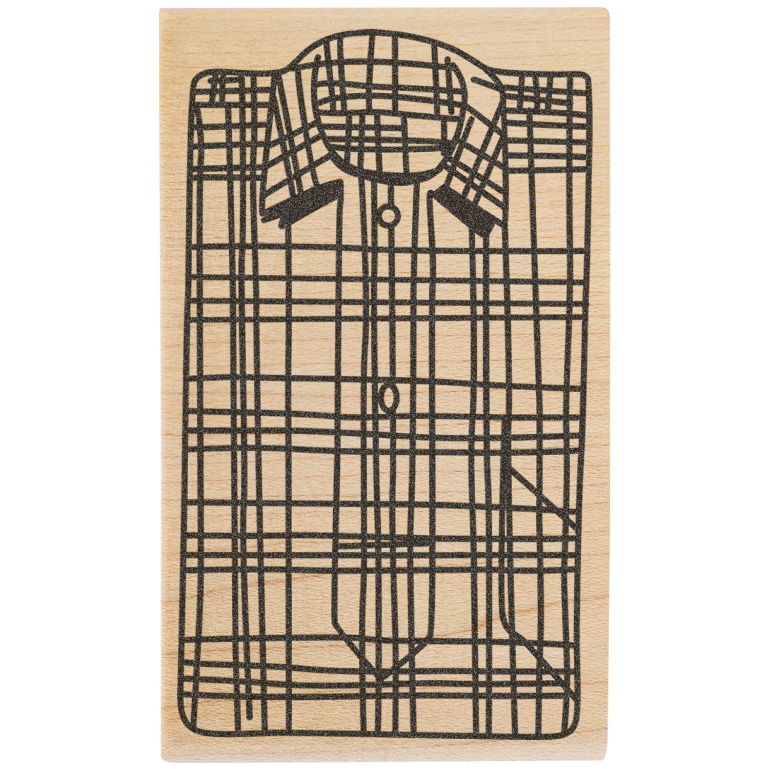 Wooden plaid shirt stamp with black line art on natural wood background