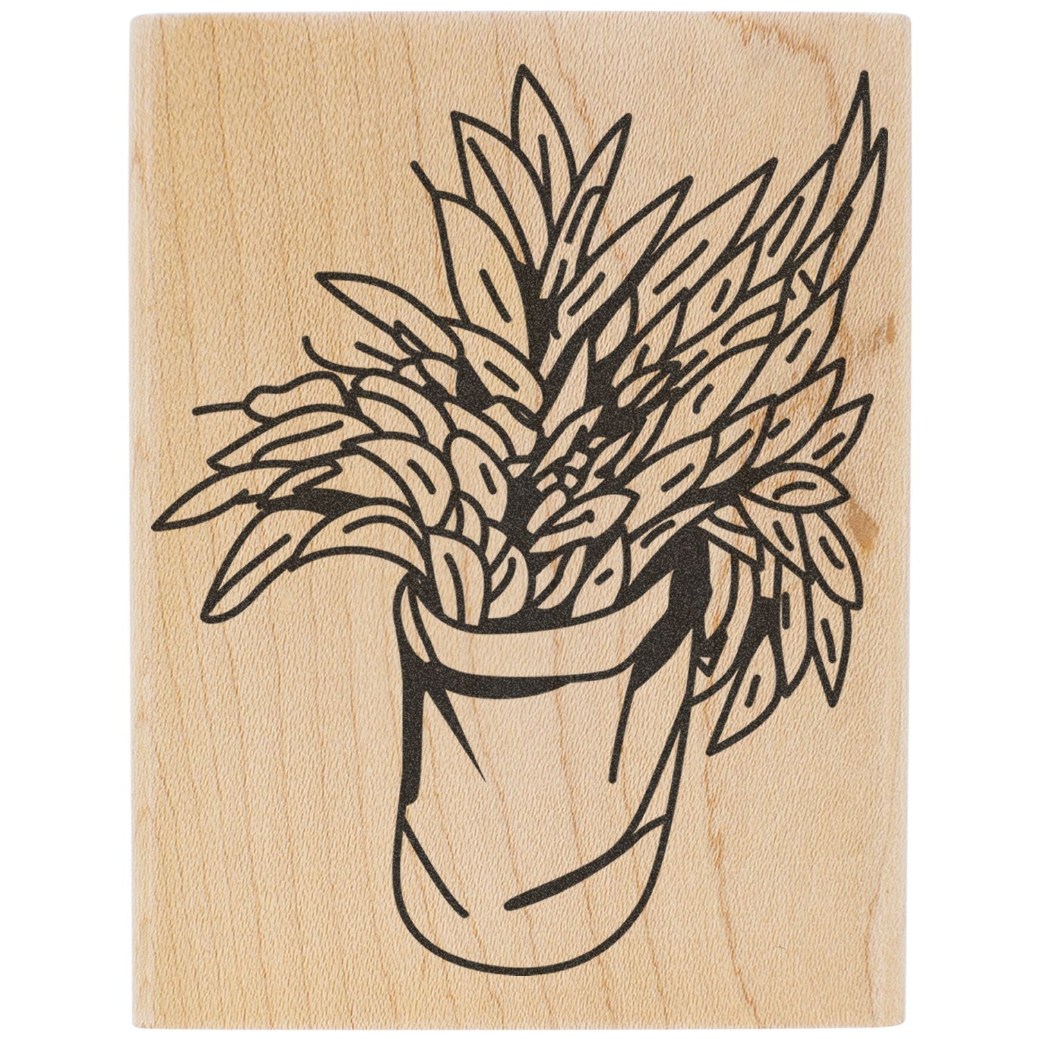 Minimalist potted plant line art engraved on natural wood, botanical home decor design