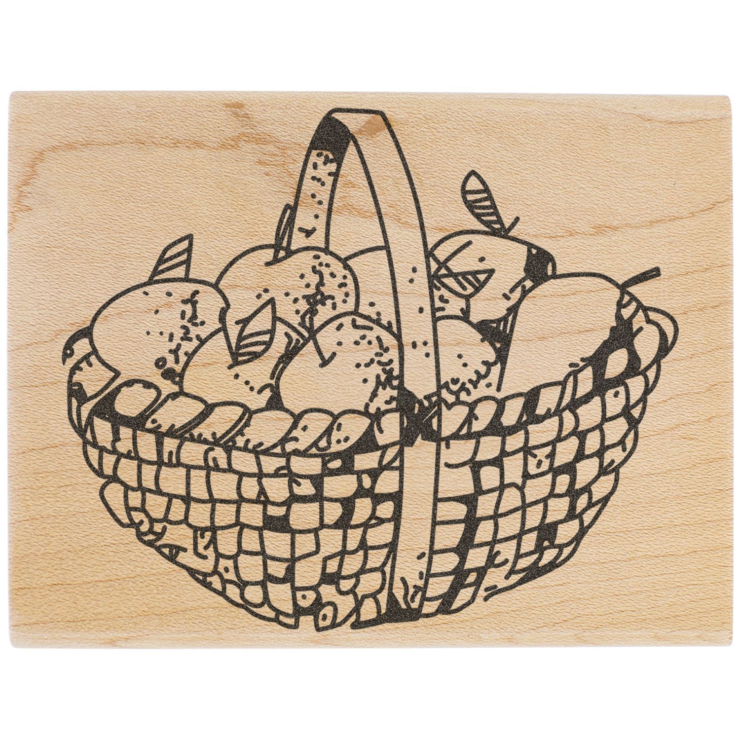 Rustic wooden basket of apples illustration on a light wood background.