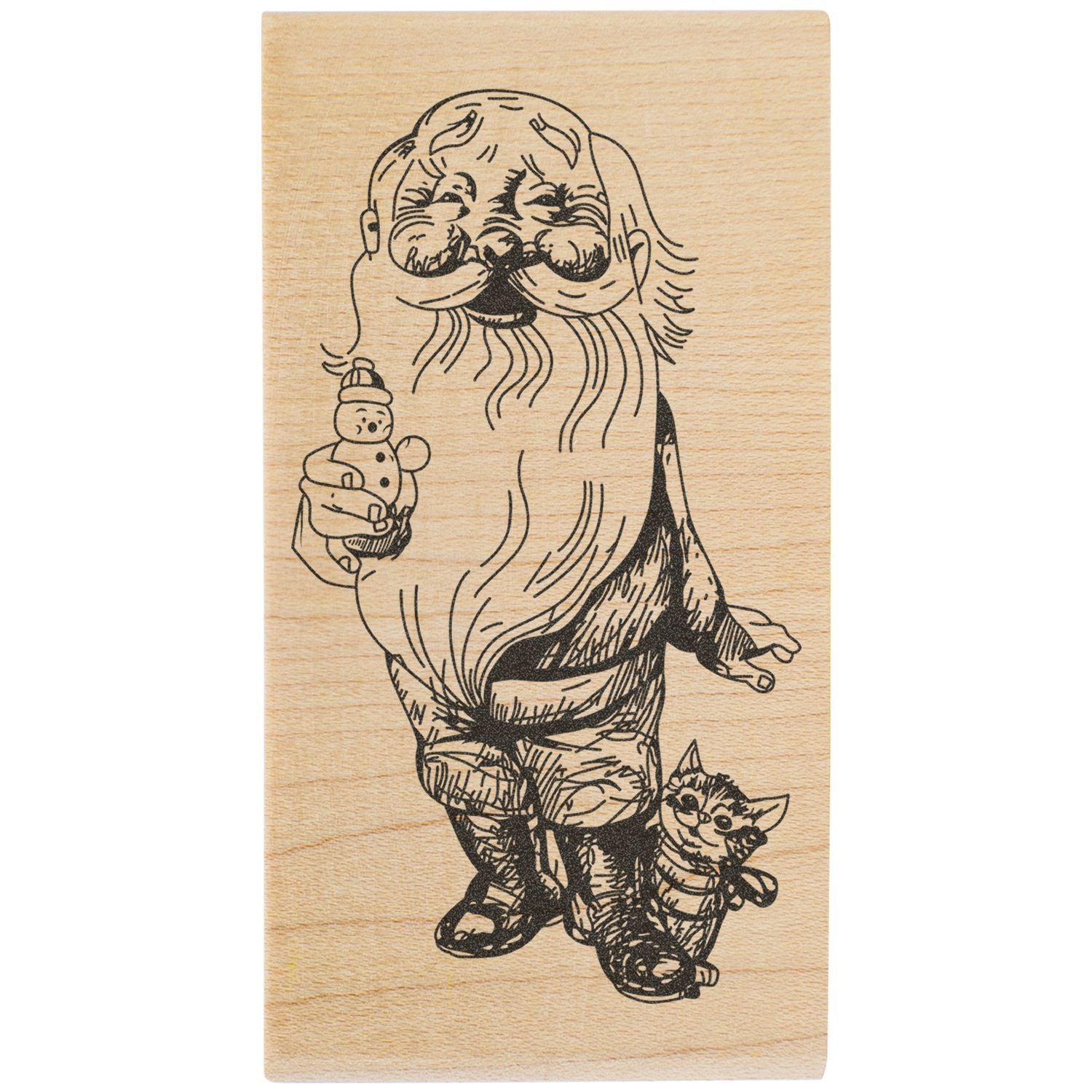 Laser-engraved wooden plaque with whimsical bearded gnome, snowman, and cat artwork.