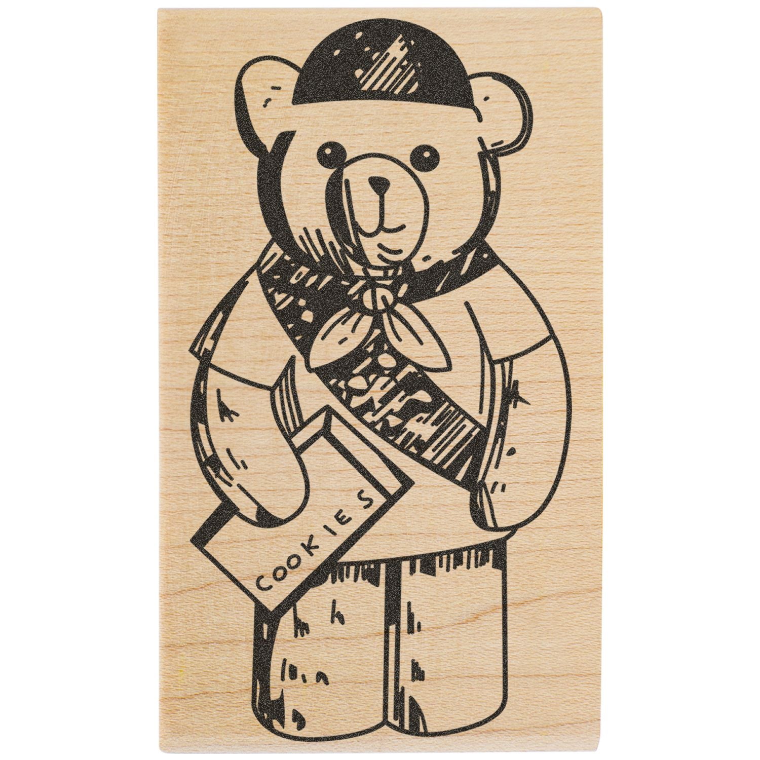 Wooden teddy bear illustration holding a cookies box, cute bakery-themed engraved design.