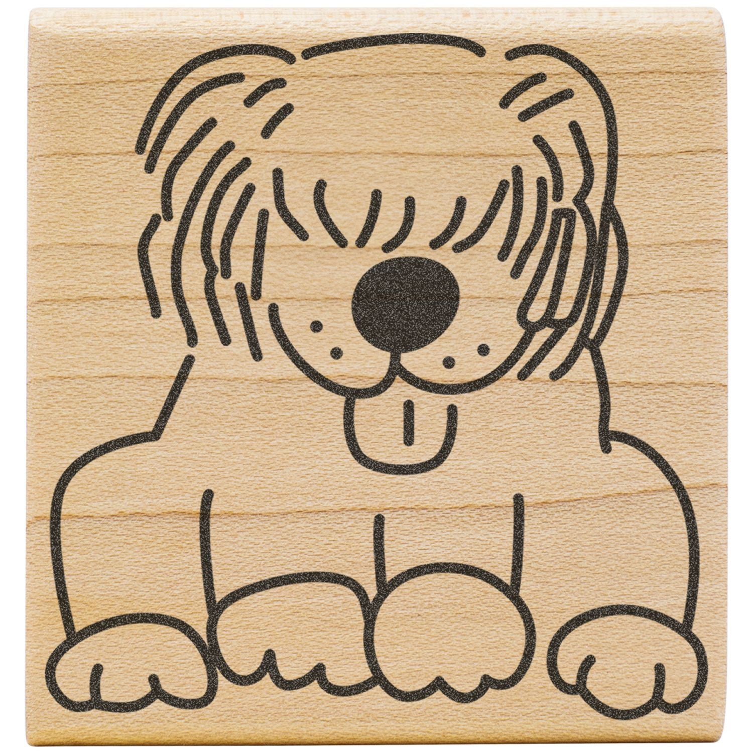 Cute cartoon dog illustration on a wooden background, playful puppy face art print.