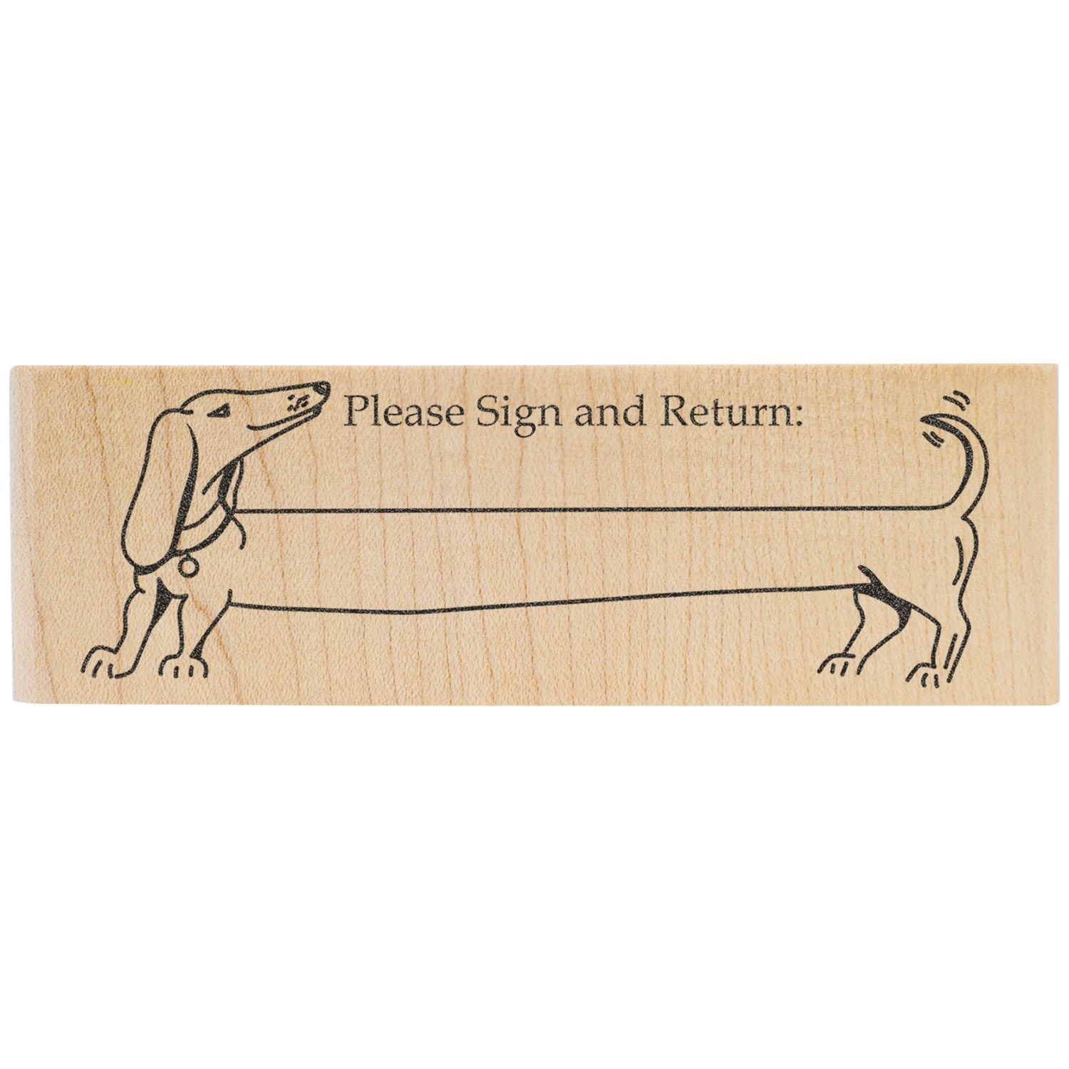 Wooden dachshund stamp with Please Sign and Return text, custom office return mail rubber stamp design
