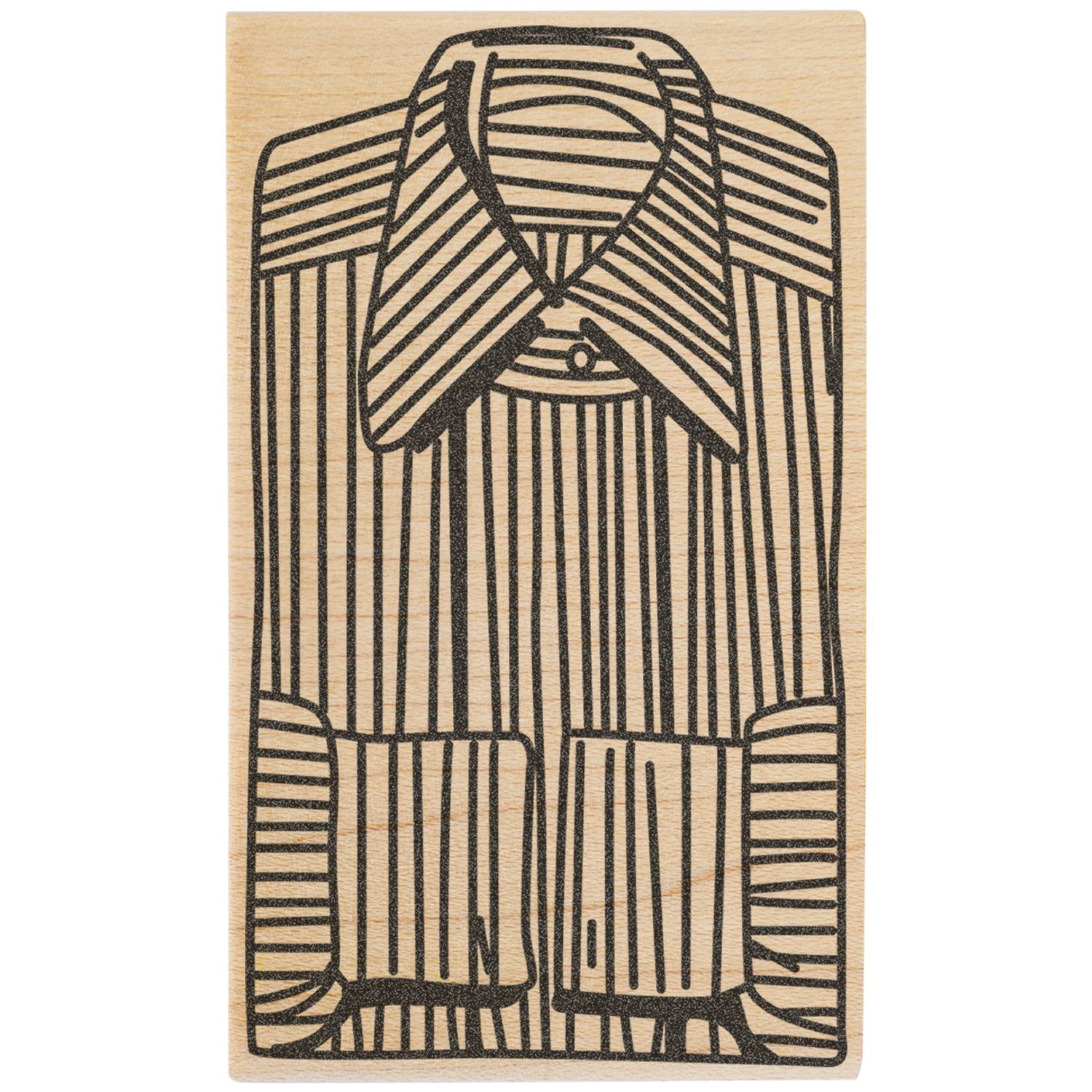 Wooden stamp design of a striped button-up shirt illustration with a collar and pocket.