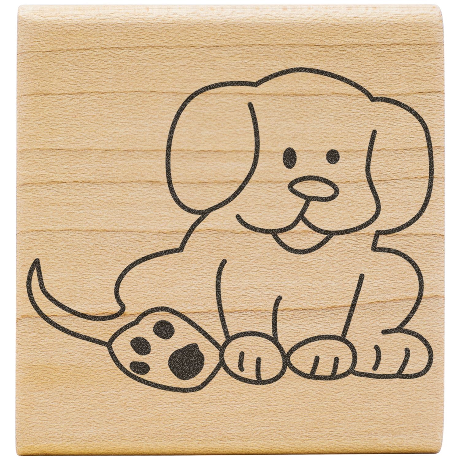 Cute puppy dog line art stamp on a wooden background, playful pet illustration engraved on wood.