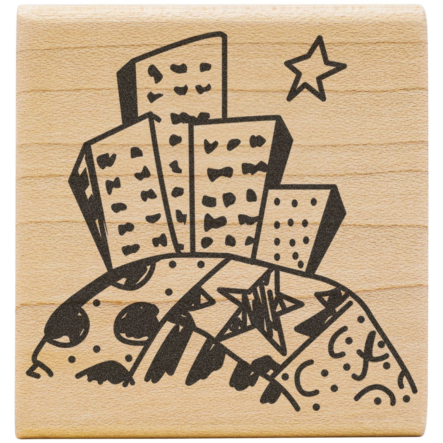 Wooden rubber stamp with abstract black line art of geometric blocks and a star on a wood background