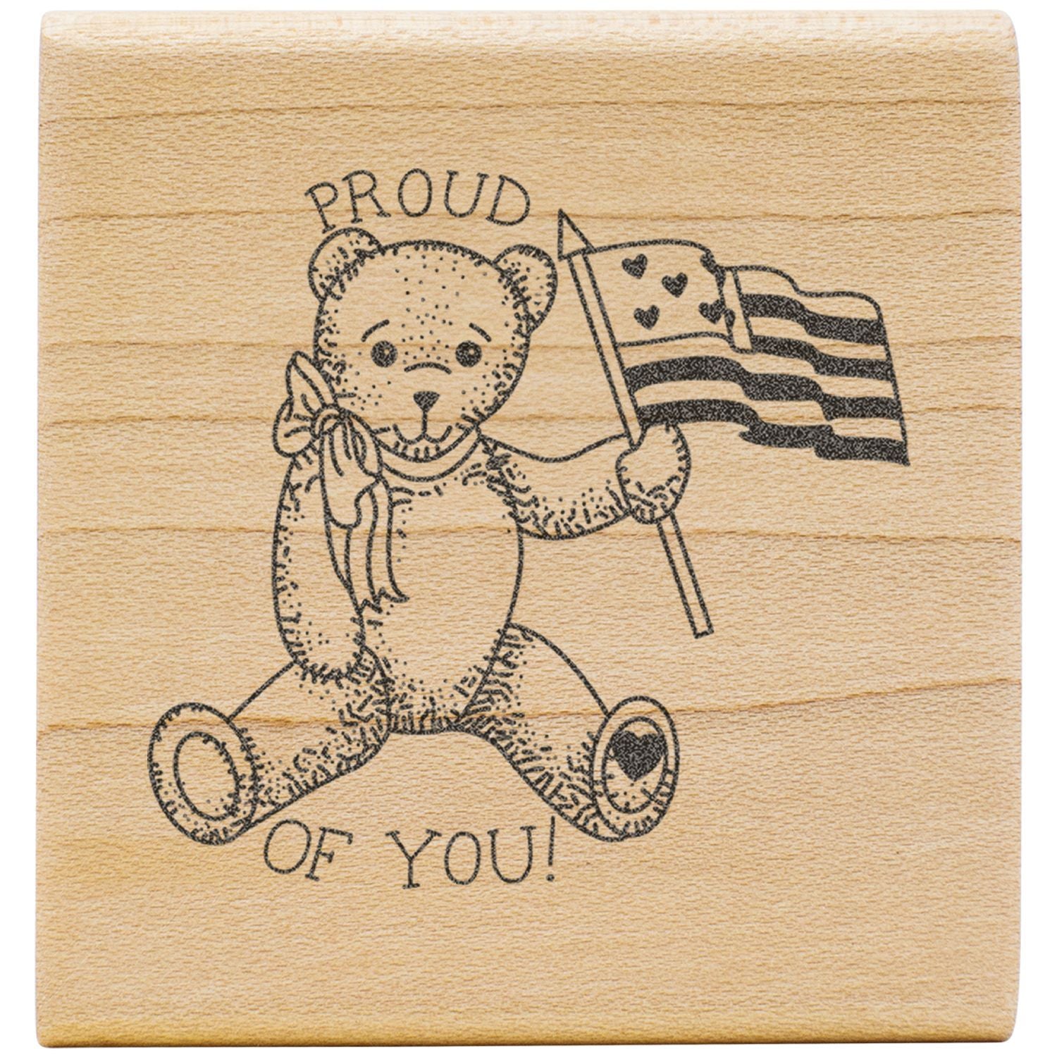 Wooden rubber stamp with teddy bear holding a pride flag and Proud of You text, LGBTQ+ support design