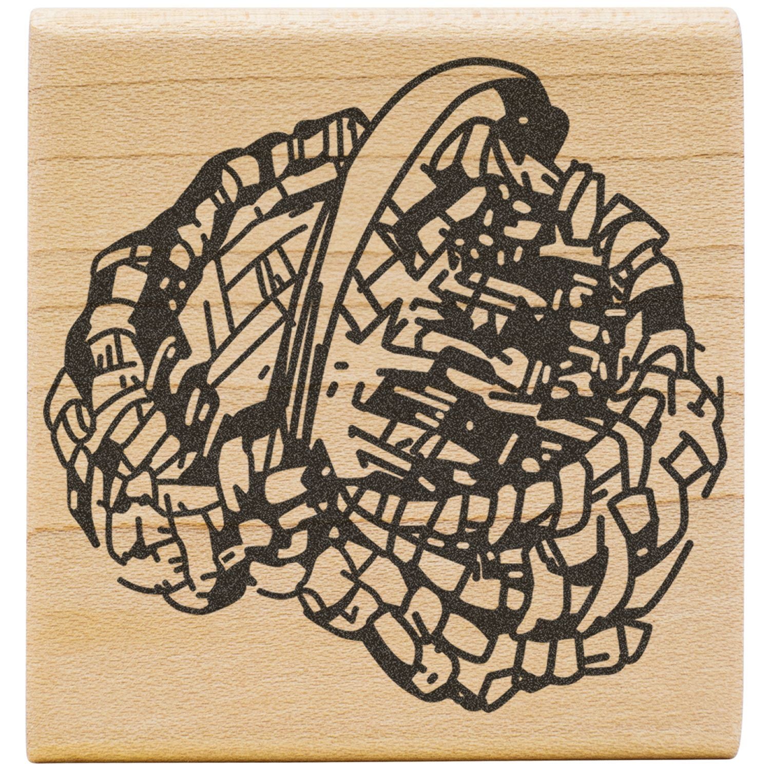 Abstract black bear head line art engraved on a wooden block with natural wood grain background.
