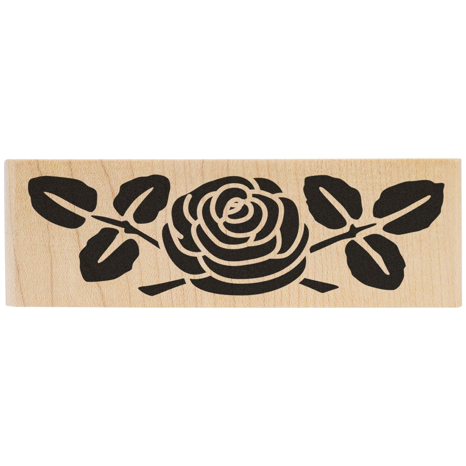 Wooden block with black rose and leaf stencil design, elegant floral craft art decor.