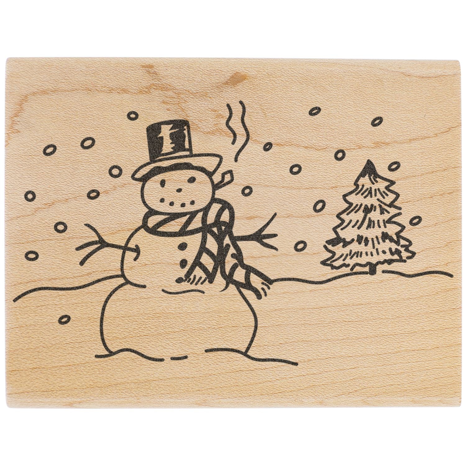 Wood-burned snowman and pine tree winter scene on a wooden cutting board, rustic holiday decor engraving.