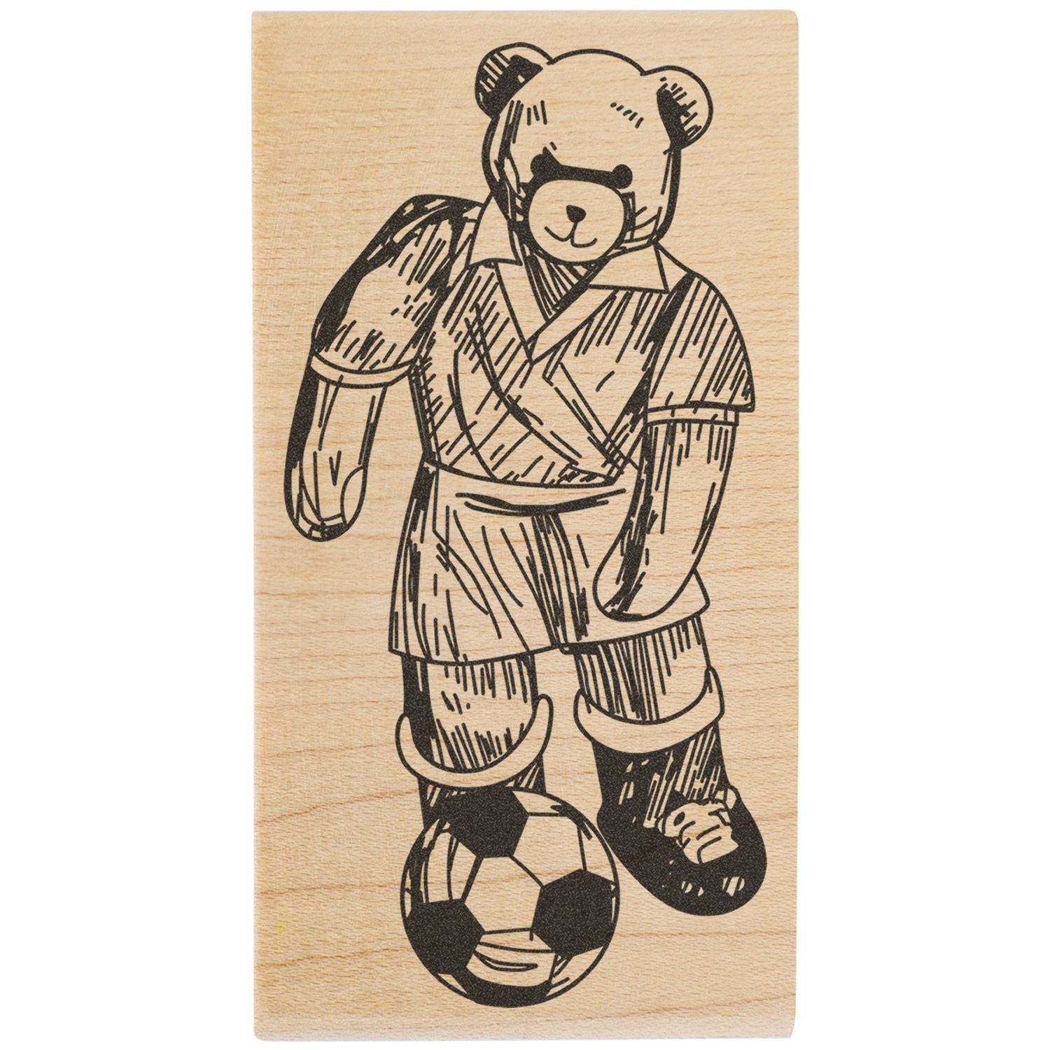 Wooden teddy bear soccer player engraving with soccer ball, sporty nursery decor art print