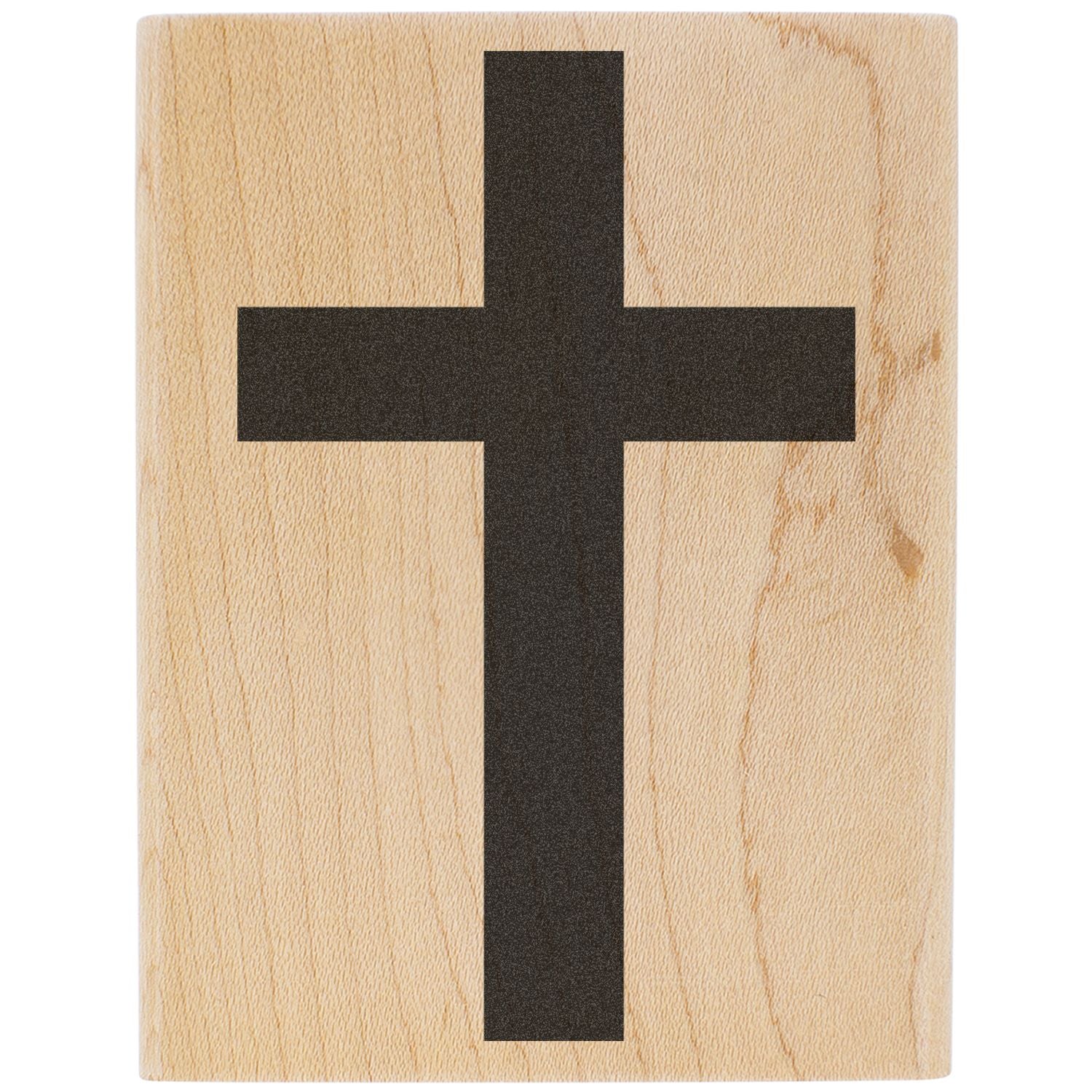 Black cross symbol on a light wooden board with natural grain texture, minimalist religious design.