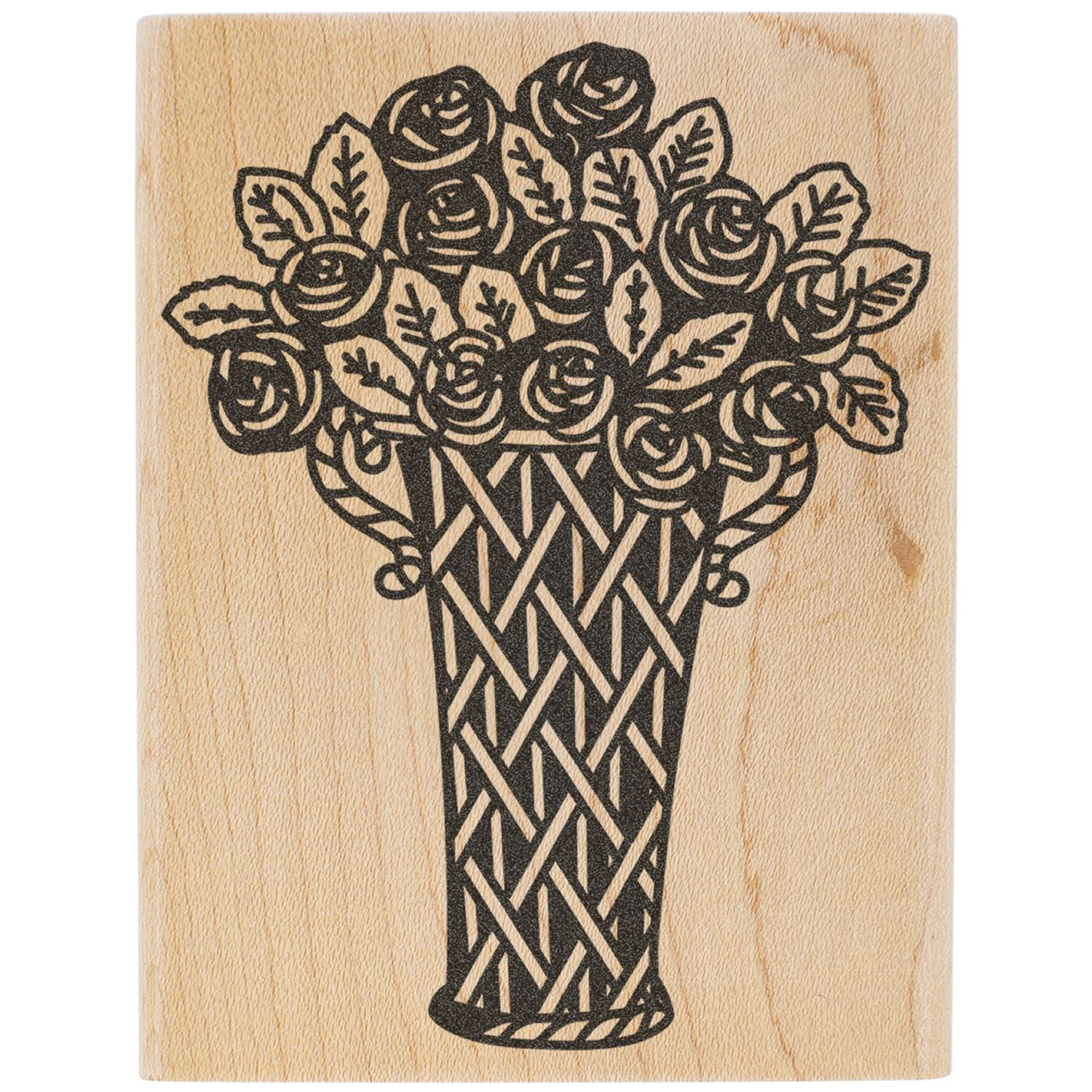 Decorative floral bouquet in patterned vase printed on wood background, rustic botanical wall art.