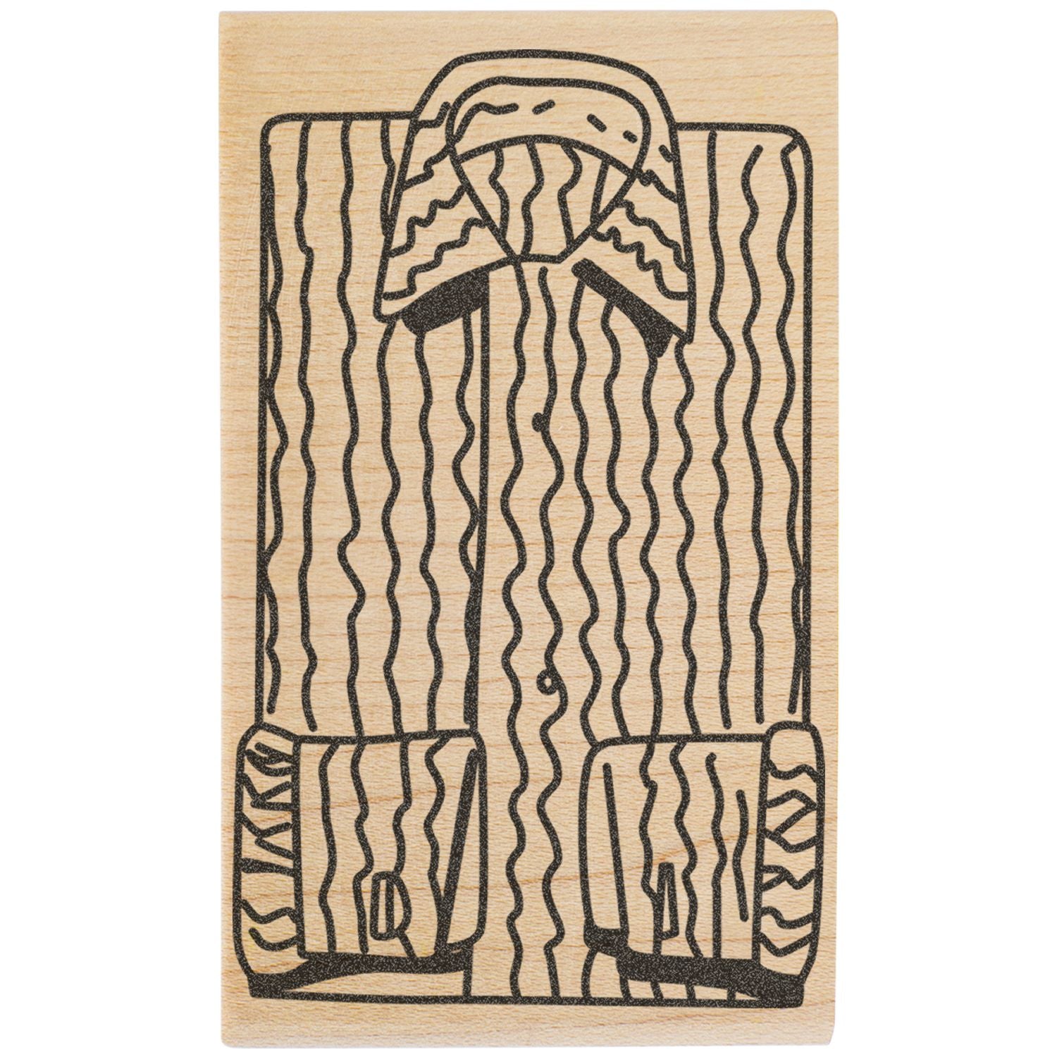Woodblock-style abstract line art of a person in striped clothing on a wooden stamp.