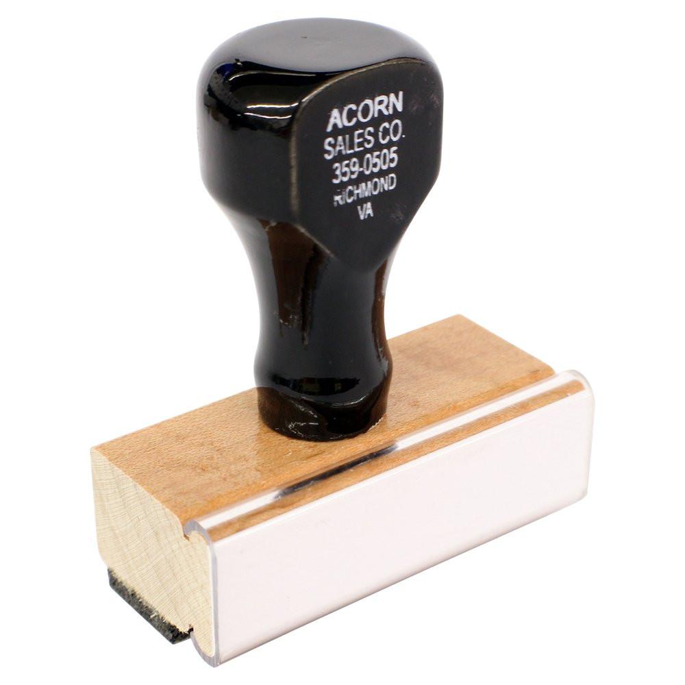 Custom rubber stamp with black handle and wooden base for business branding, address labels, or document marking.