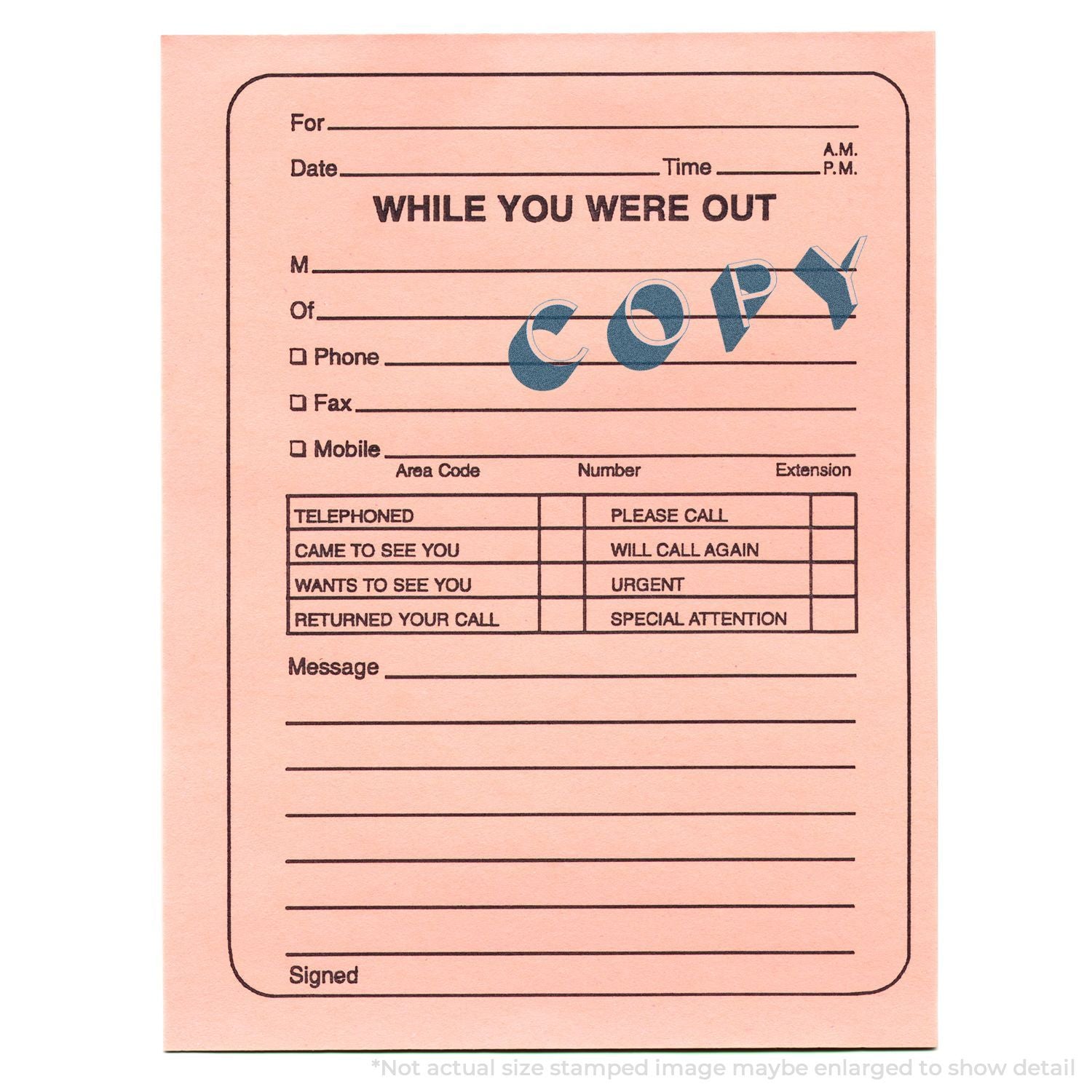While You Were Out phone message form with checkboxes for call-back reasons and contact details, including area code and number.