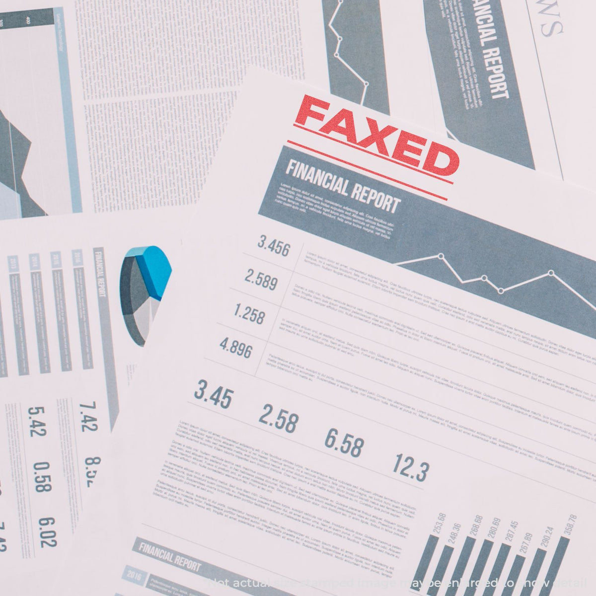 Faxed financial report documents with charts and graphs showing business accounting fraud concept