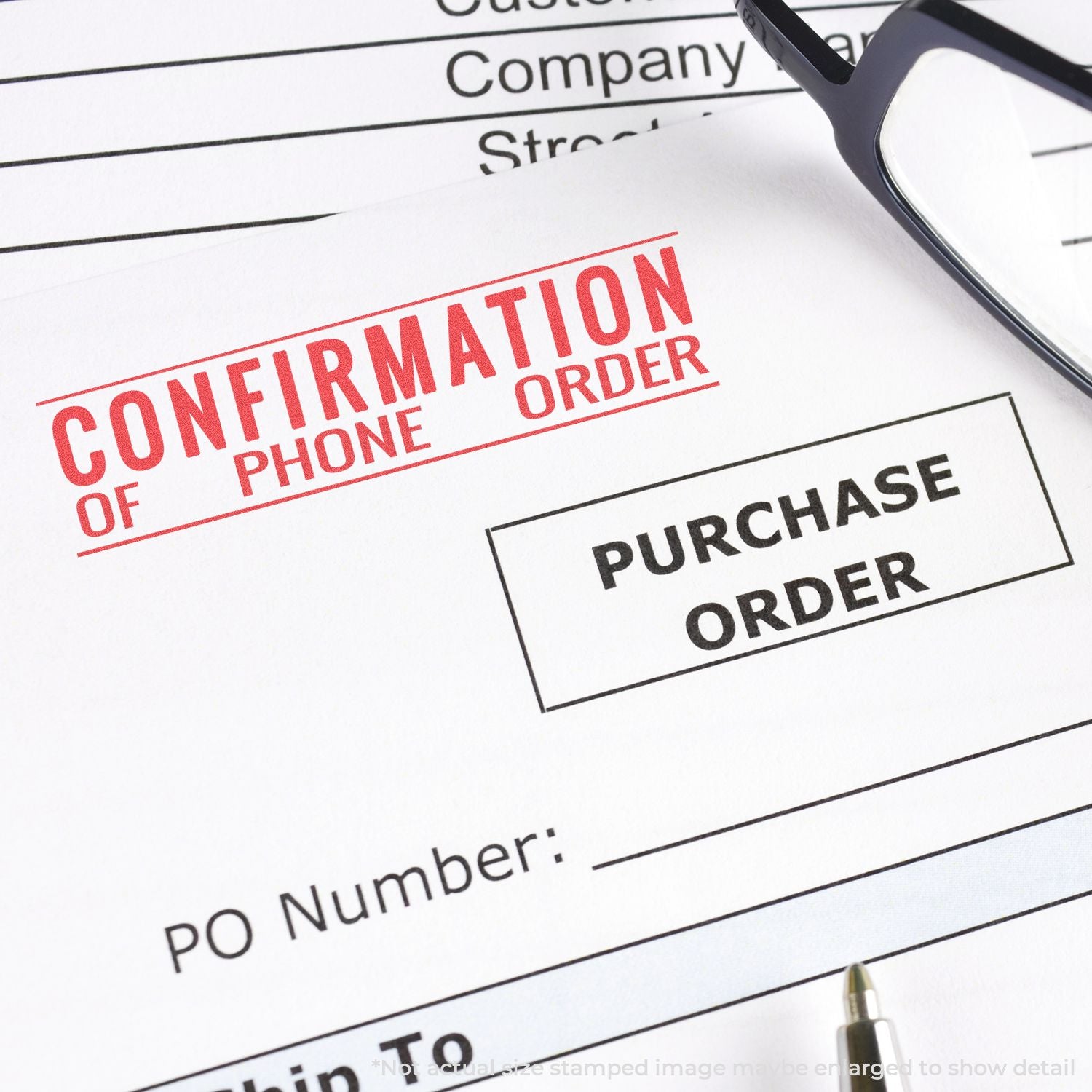 Confirmation of purchase order form showing Confirmation of Phone Order and Purchase Order text with eyeglasses.