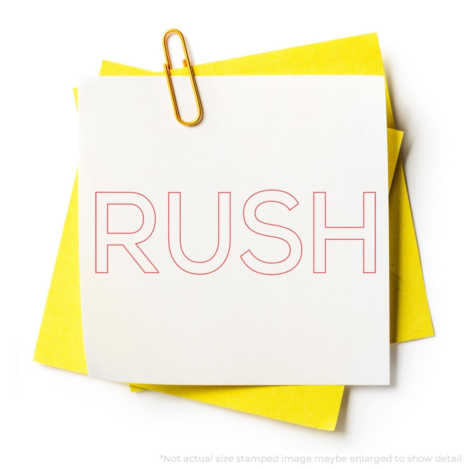 White note card with paperclip reading RUSH, symbolizing urgent express shipping, priority delivery, and same-day rush delivery service.