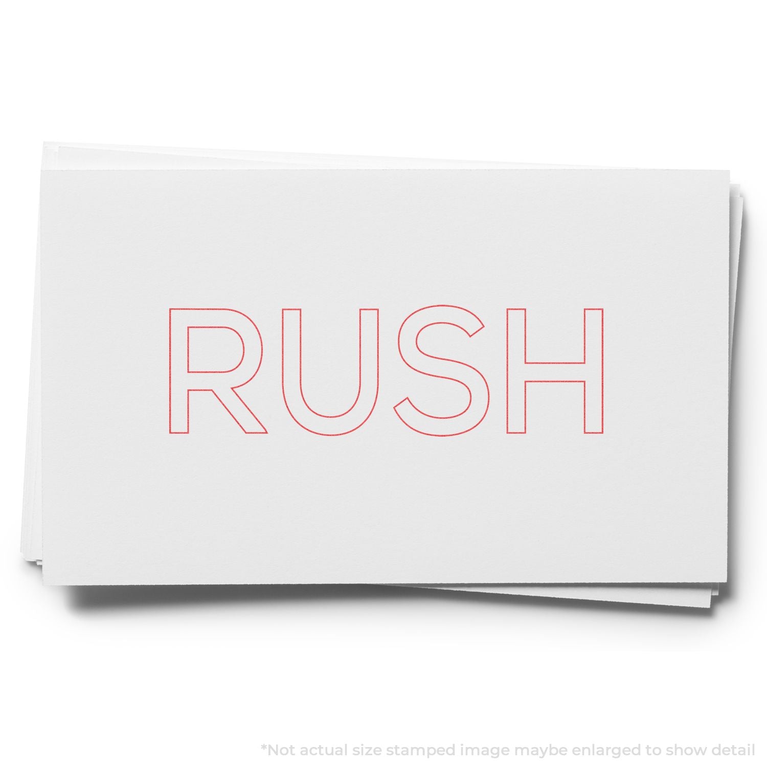 Stacked white stationery cards showing red RUSH H logo for fast delivery branding.